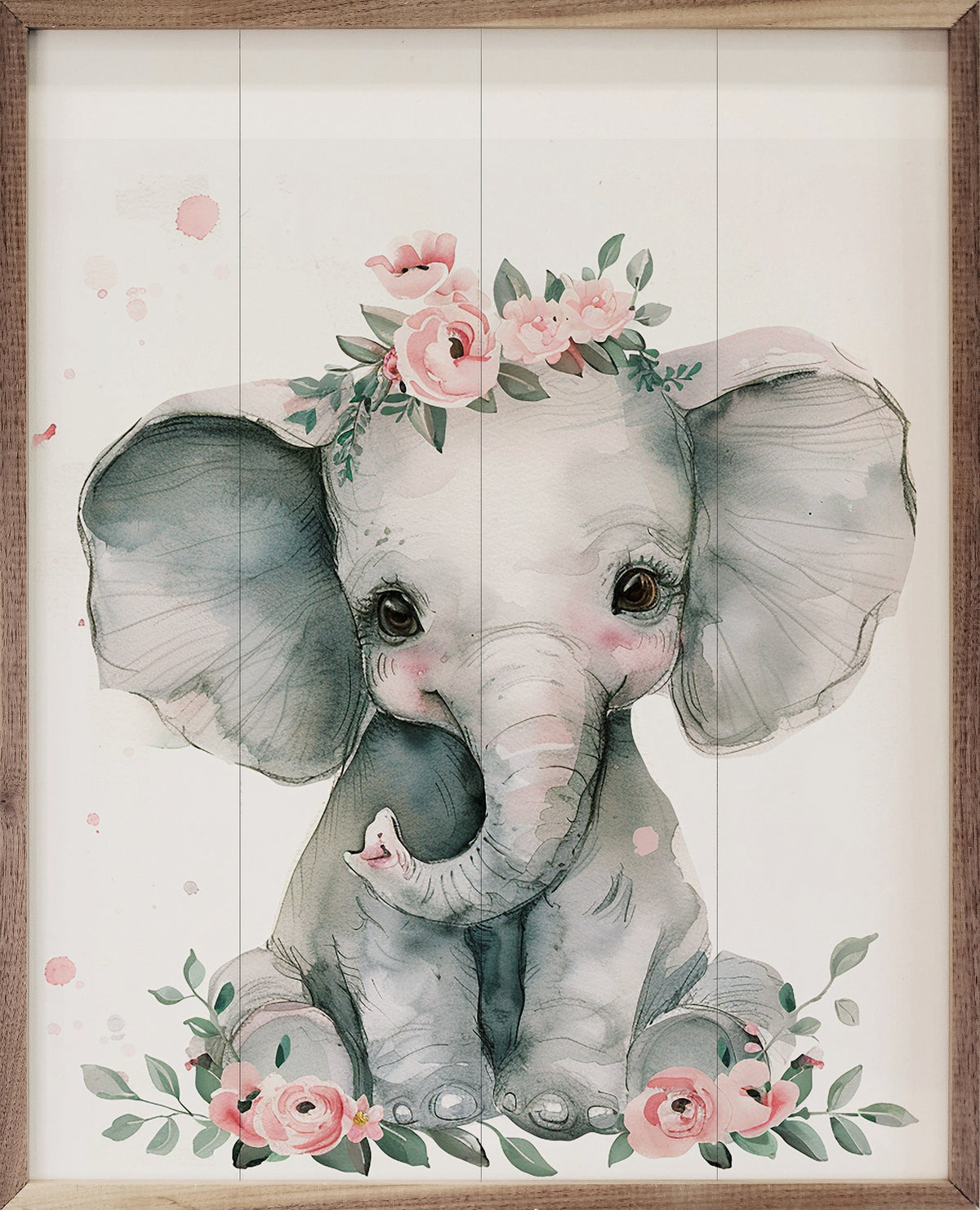 Nursery Floral Elephant Wood Framed Print