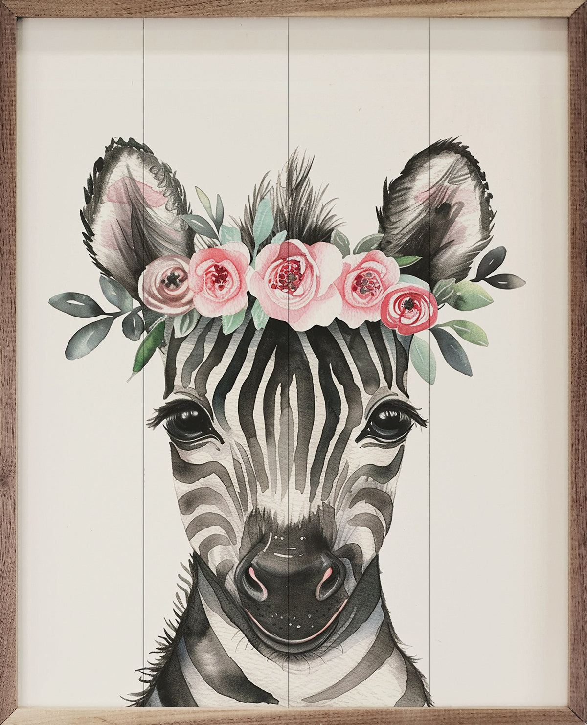 Nursery Floral Zebra Wood Framed Print