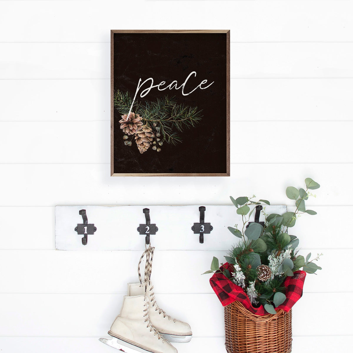 Pinecone Peace Branch Black Wood Framed Print