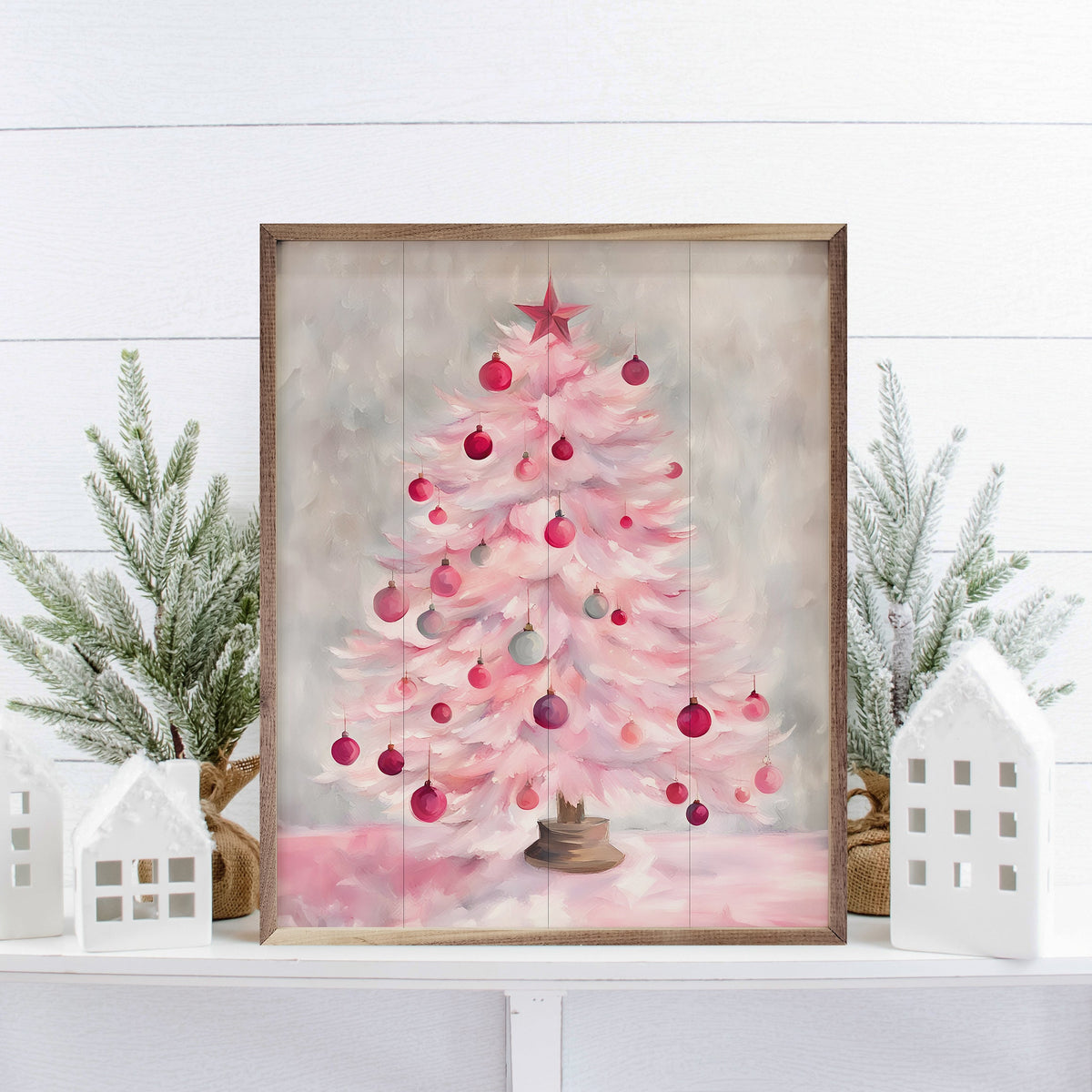 Pink Christmas Tree Wood Framed Print
