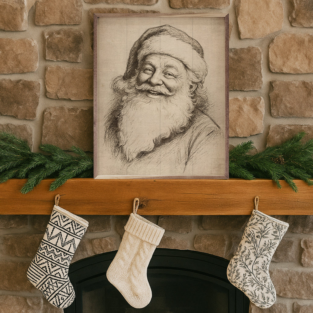 Santa Claus Linocut Wood Framed Print