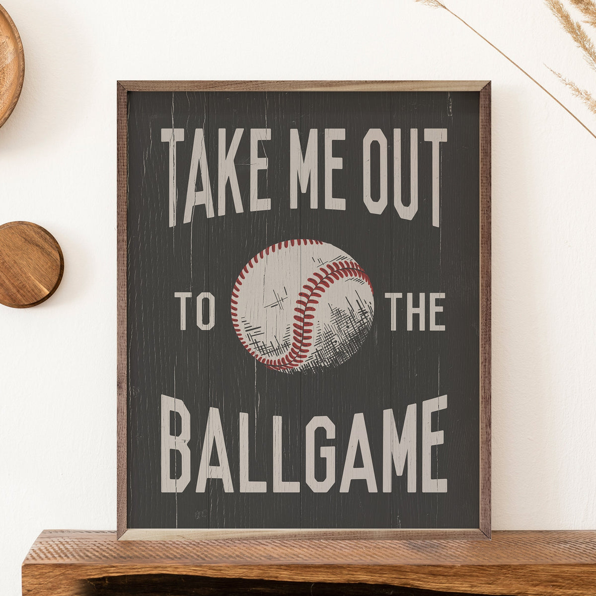 Take Me Out To The Ballgame Baseball Wood Framed Print