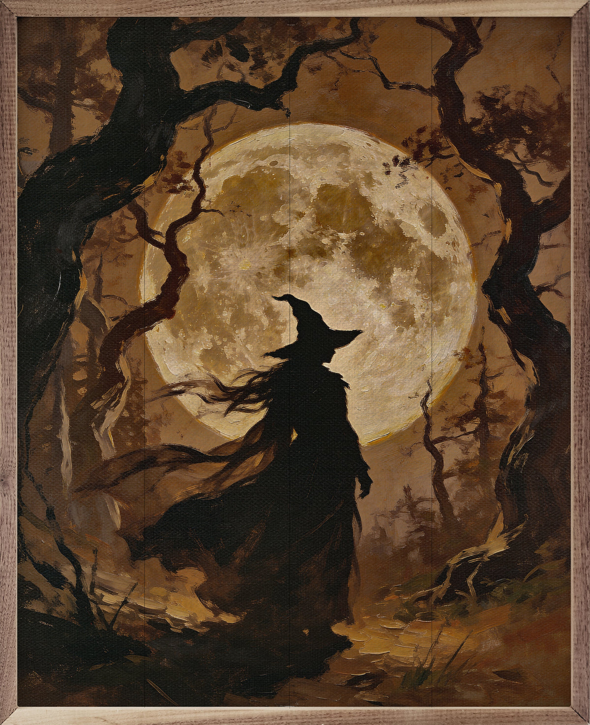 The Witch And The Moon Wood Framed Print