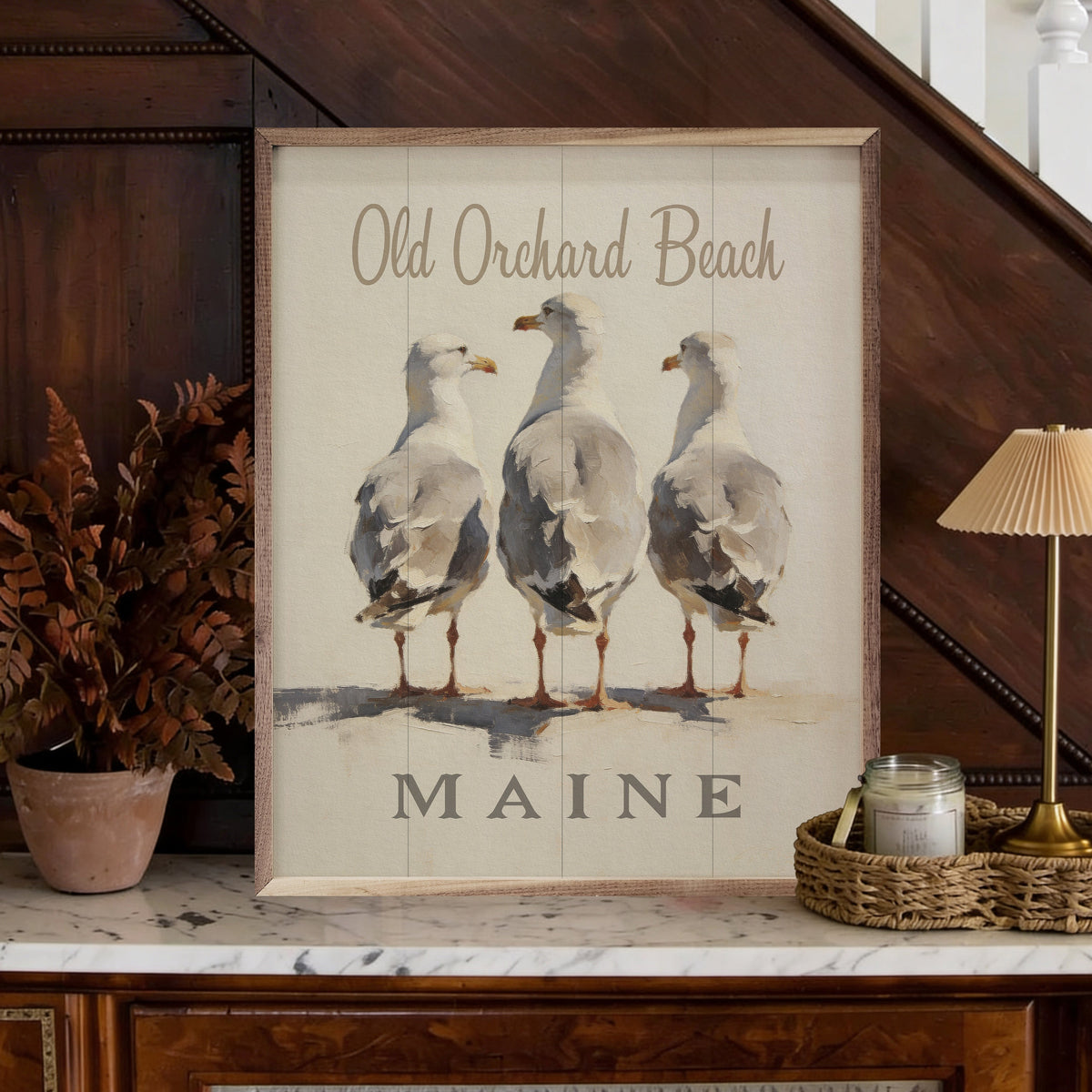 Three Seagulls Personalized Beach Name Wood Framed Print