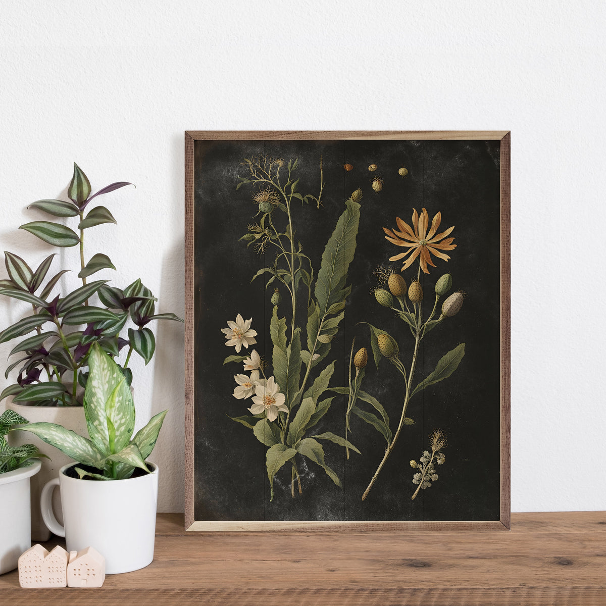 Vintage Cream Floral Print Black Wood Framed Print