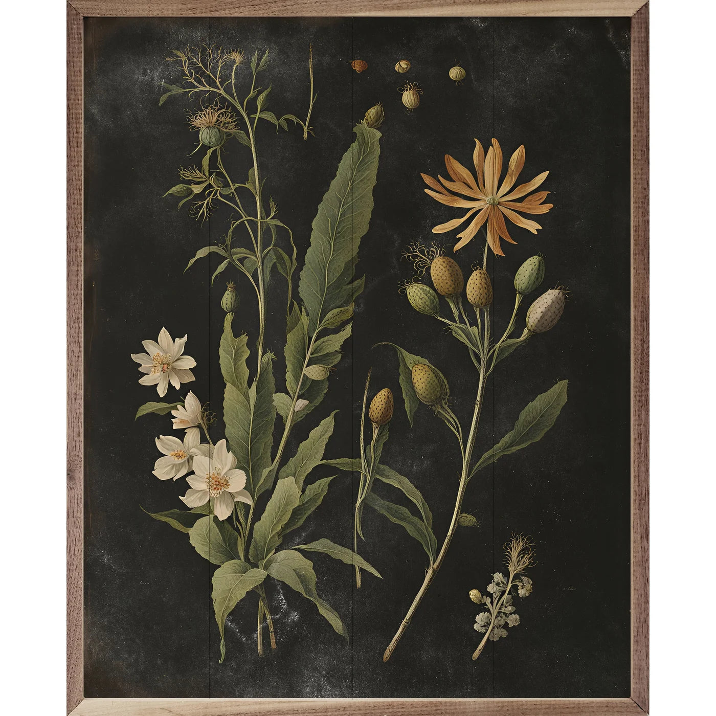 Vintage Cream Floral Print Black Wood Framed Print