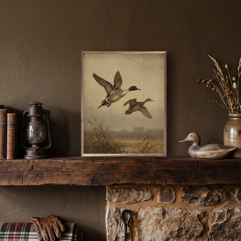 Vintage Flying Pintail Ducks Over The Marsh Wood Framed Print