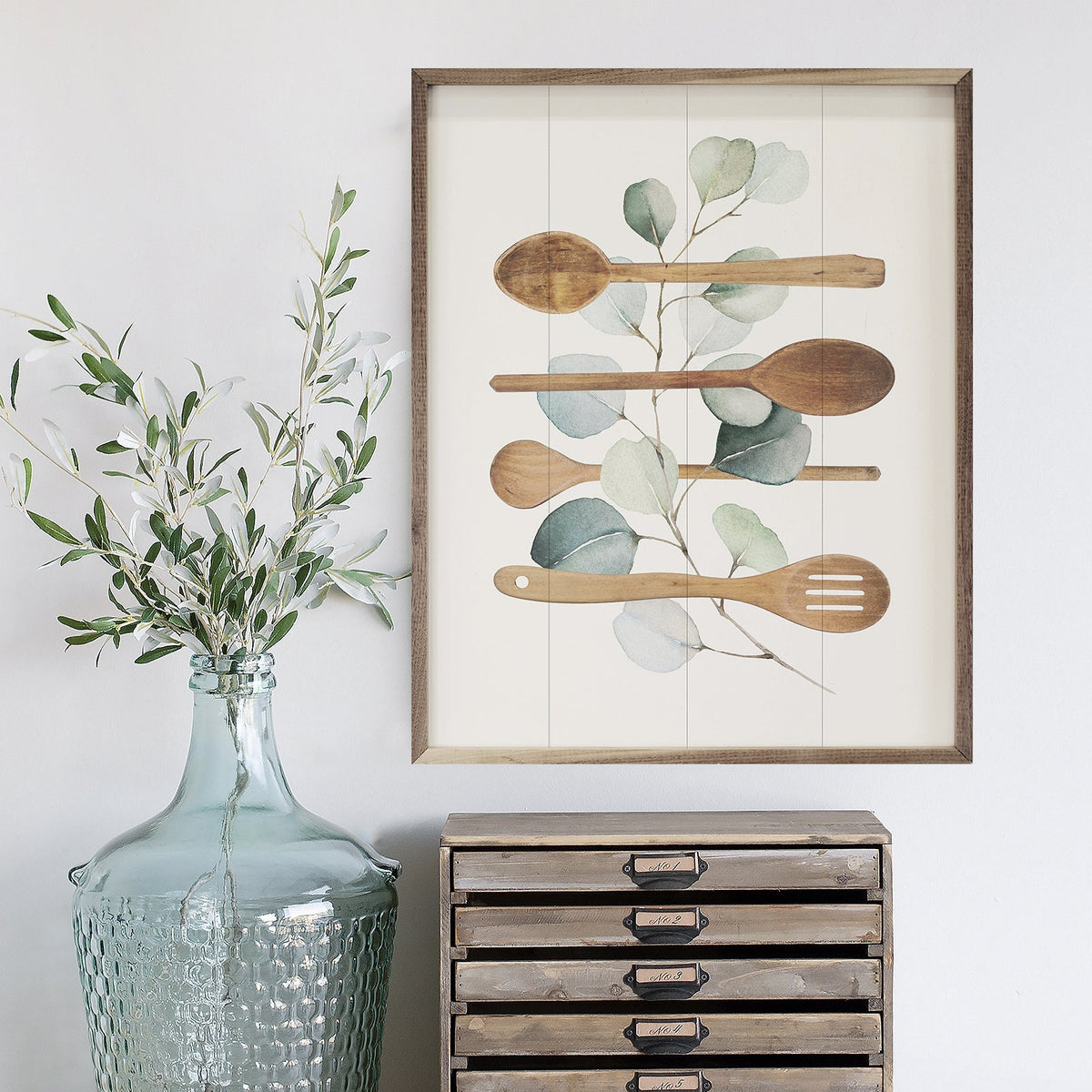 Watercolor Eucalyptus & Spoons Wood Framed Print