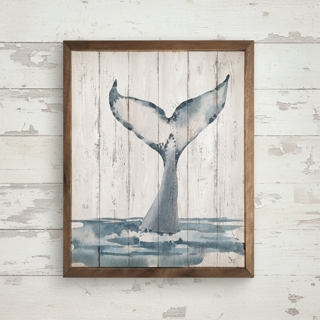 Watercolor Whale Tail Wood Framed Print