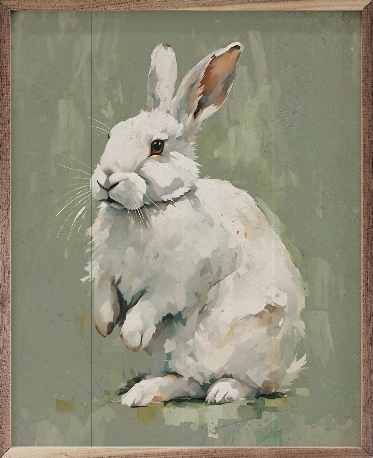 White Bunny On Green Wood Framed Print