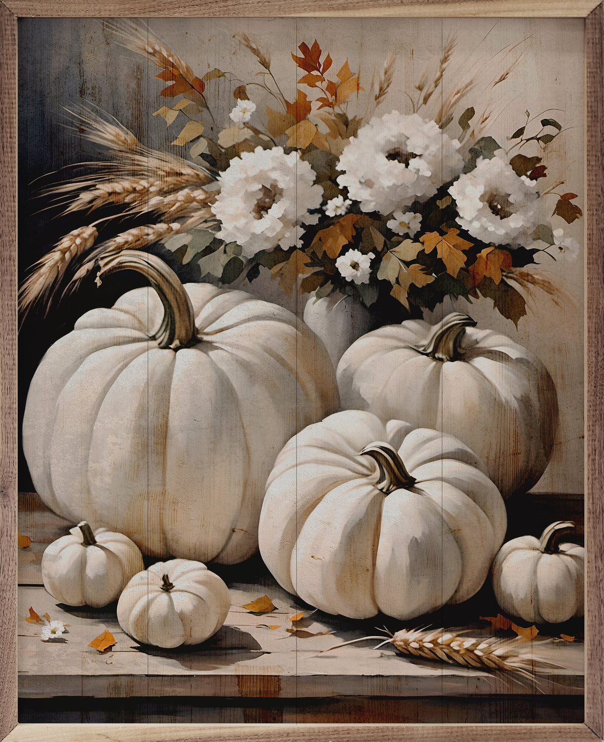 White Pumpkins On Table Wood Framed Print