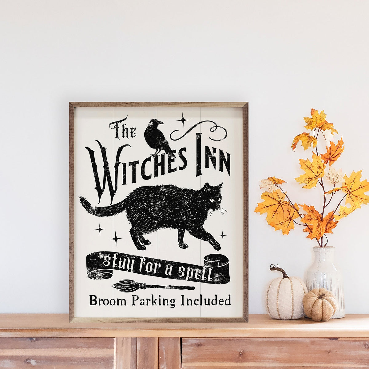Witches Inn Stay For A Spell Cat White Wood Framed Print