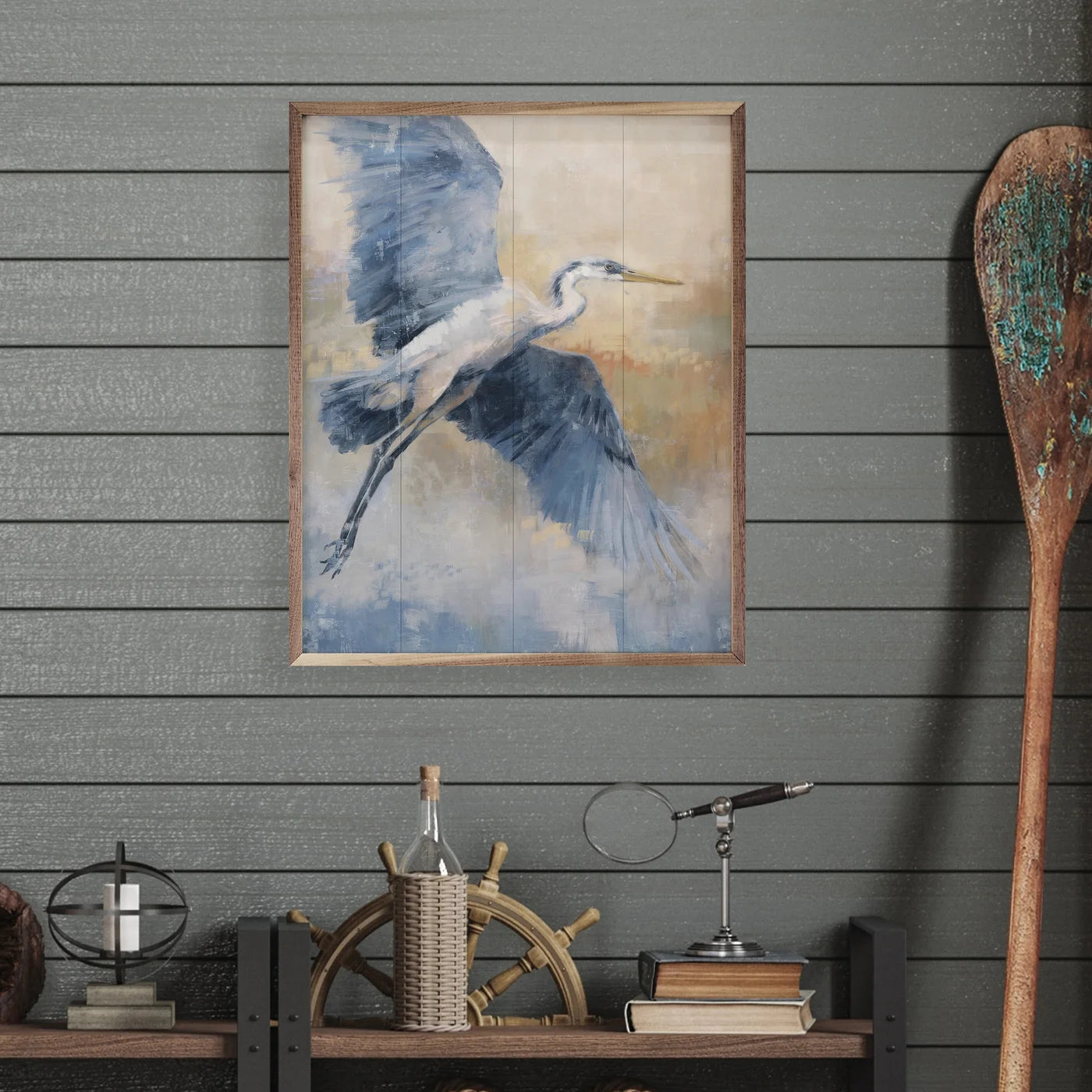 Coastal Heron 3 Flying By Nina Blue Wood Framed Print
