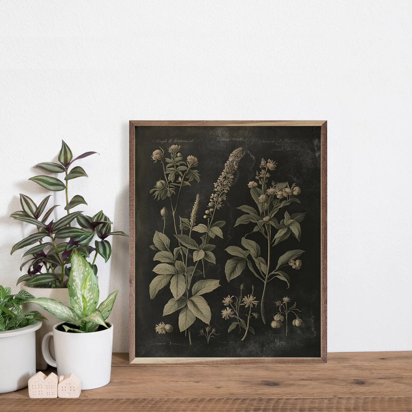 Vintage Neutral Floral Print Black Wood Framed Print
