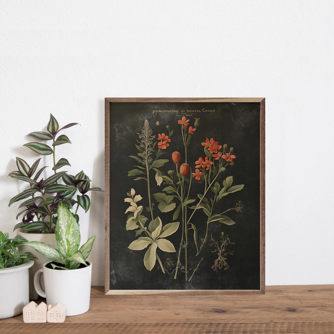 Vintage Orange Floral Print Black Wood Framed Print