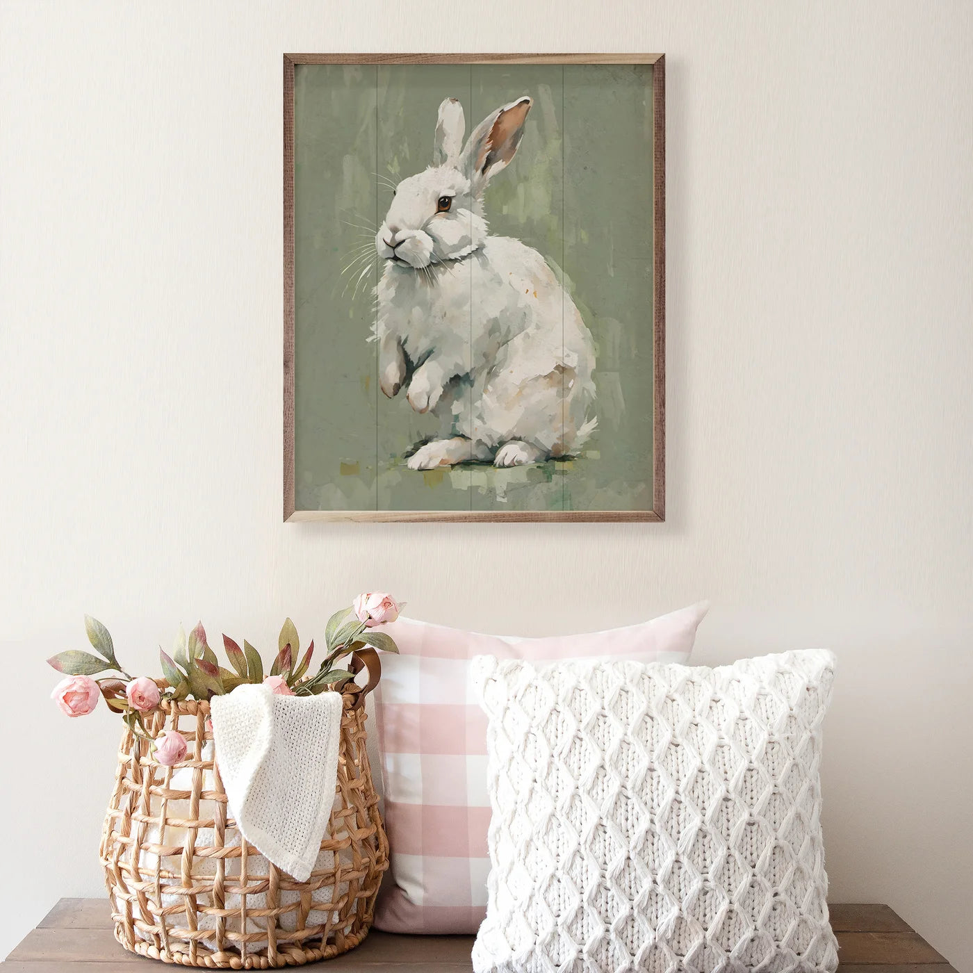 White Bunny On Green Wood Framed Print