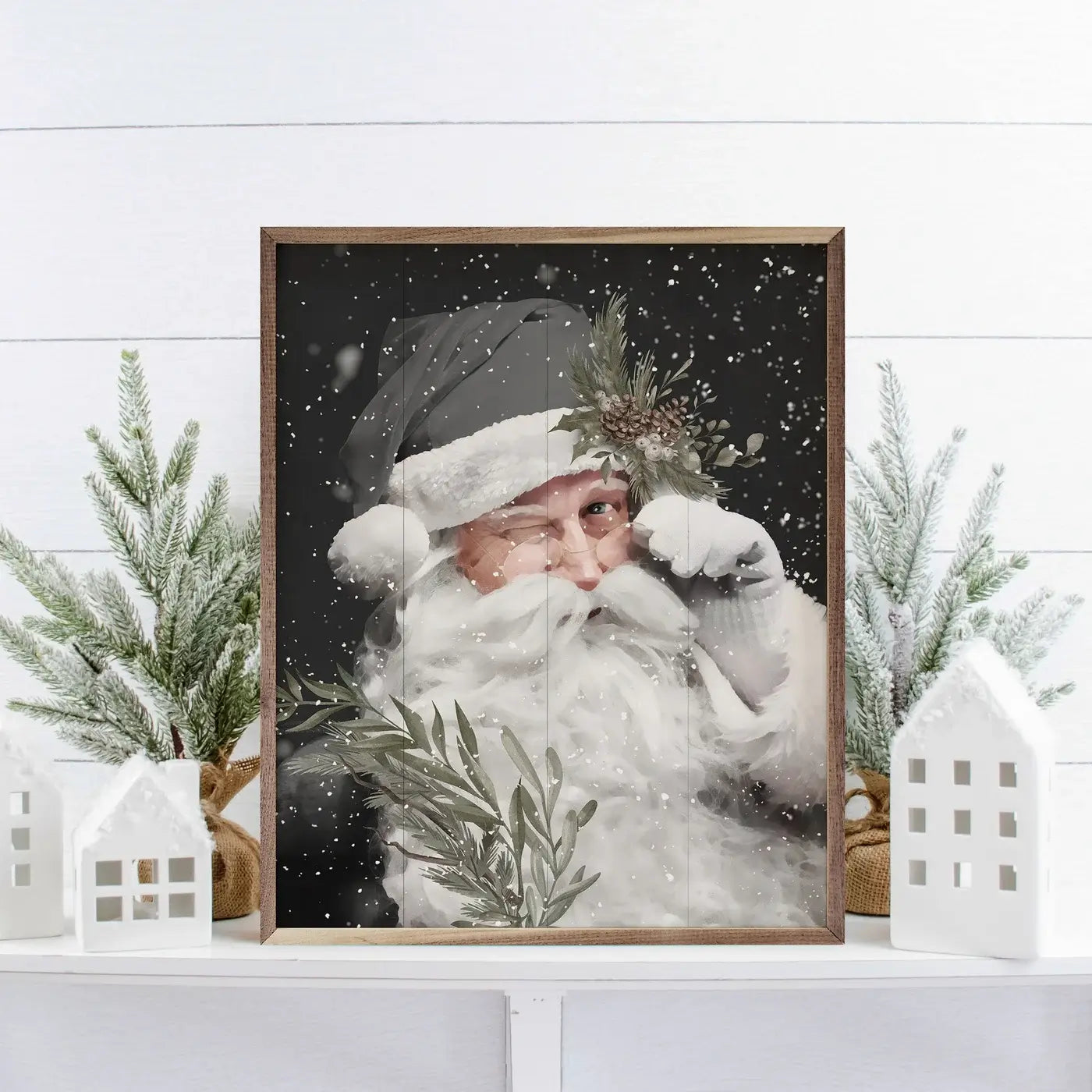 Grayscale Santa Claus Wood Framed Print