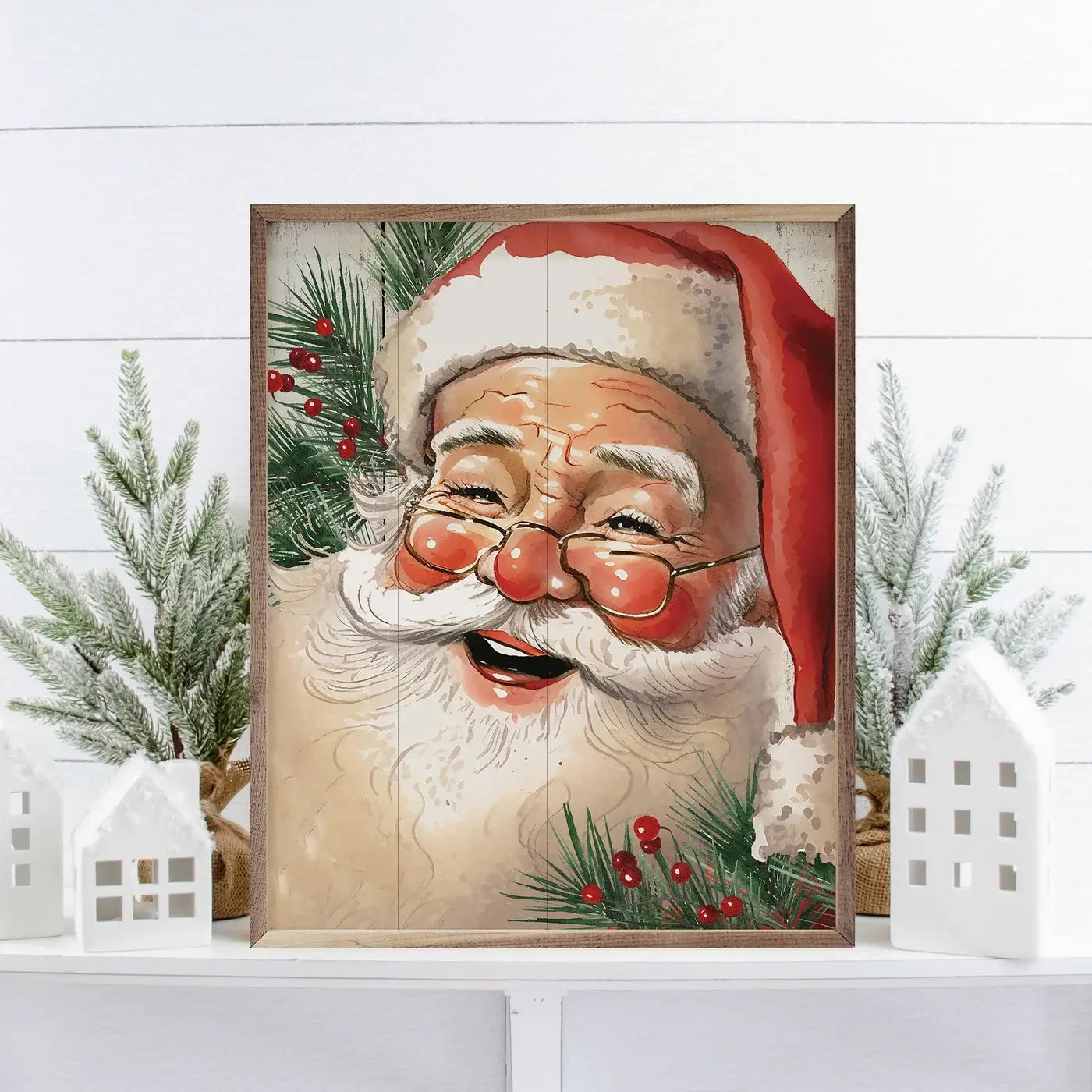 Jolly Red Hat Santa With Glasses Wood Framed Print