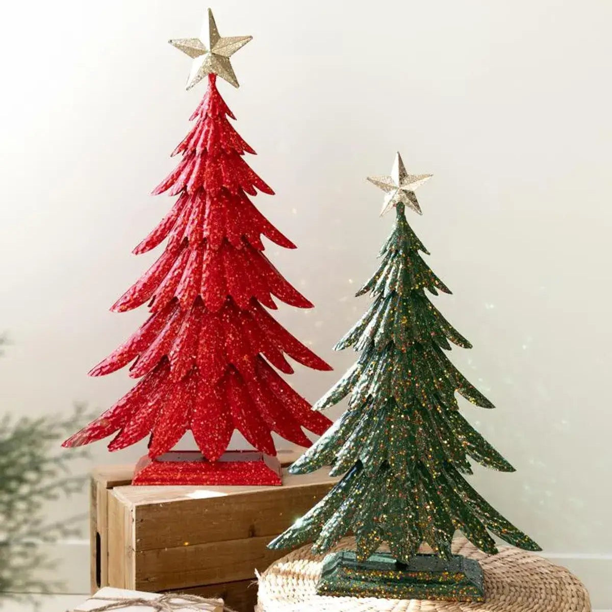 Painted Metal Glittered Christmas Tree Set