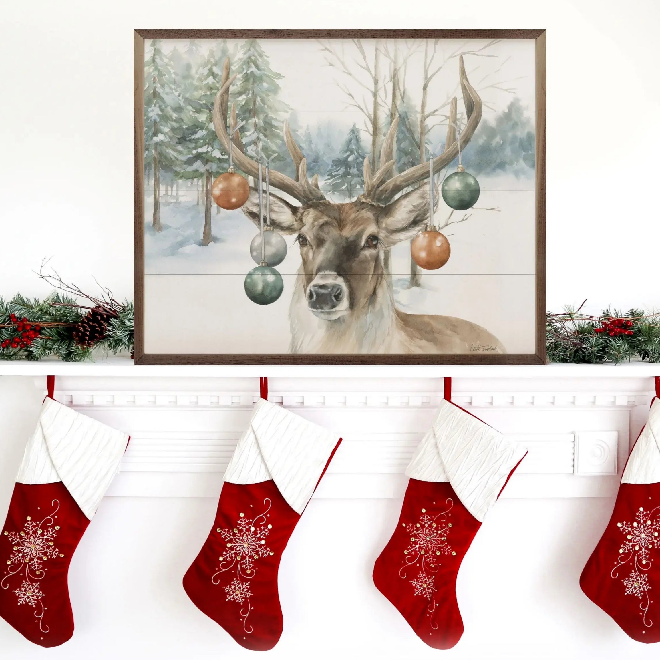 Christmas Deer Wood Framed Print