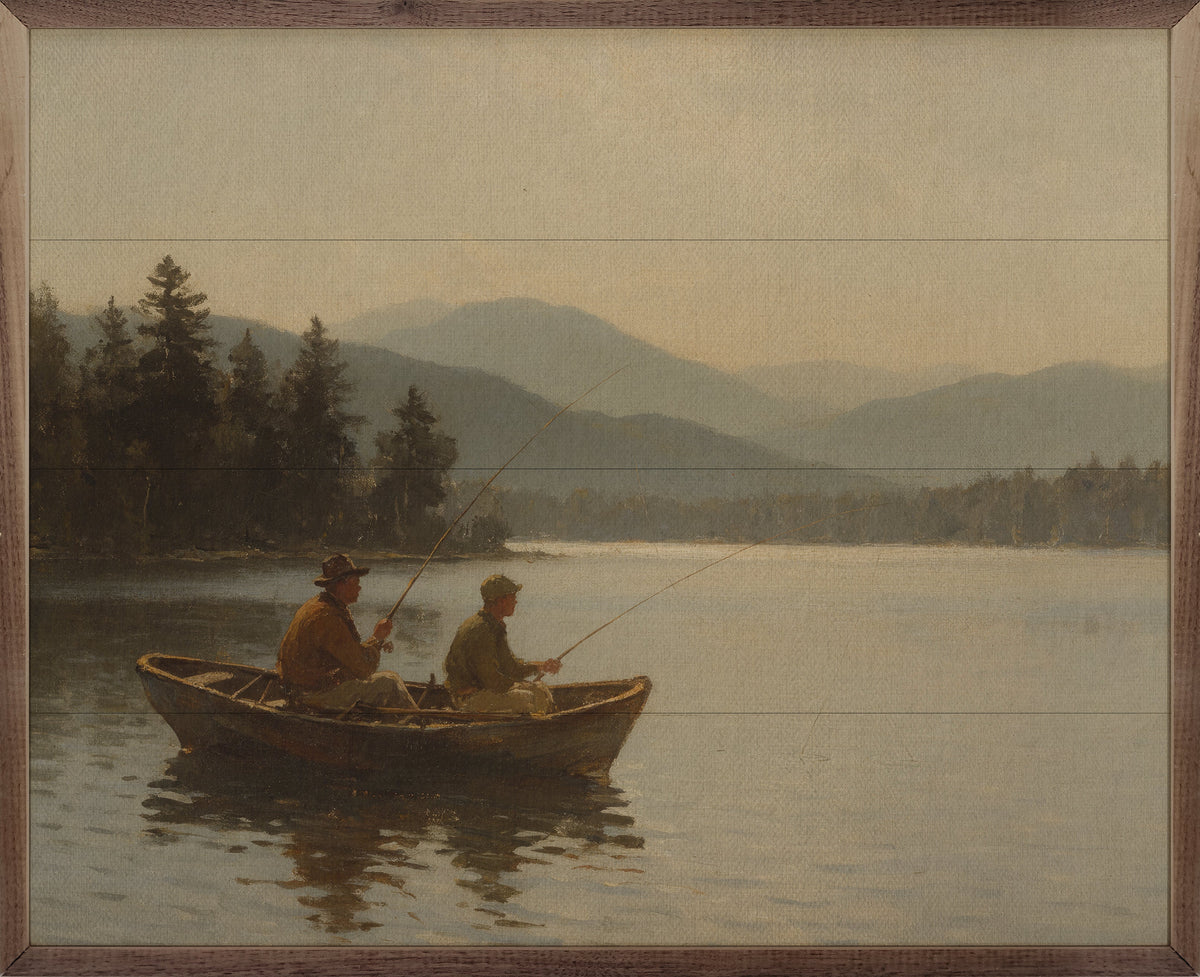 Father & Son Vintage Fishing Scene Wood Framed Print