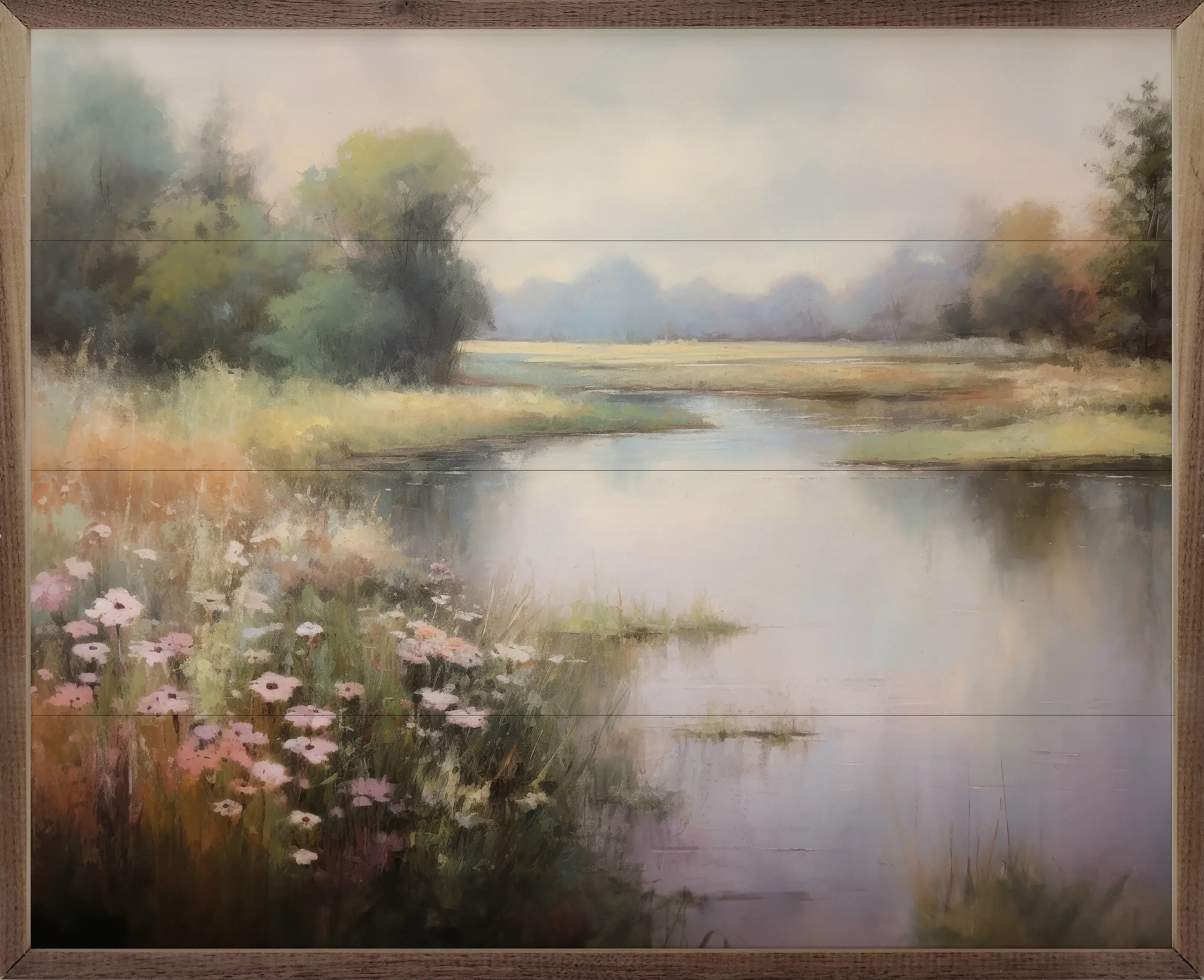 Flower Lined Lake Wood Framed Print