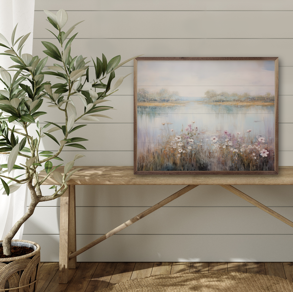 Flower Lined Lake III Wood Framed Print