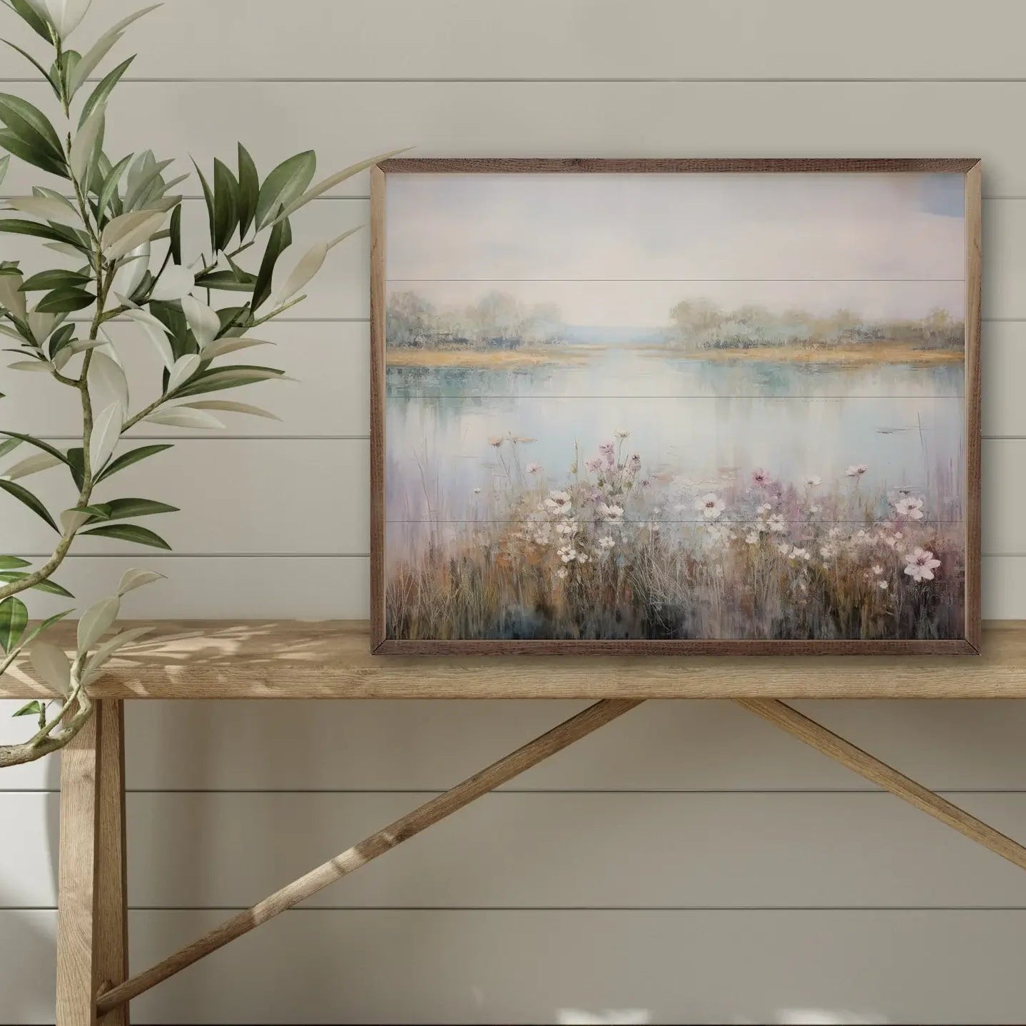 Flower Lined Lake III Wood Framed Print