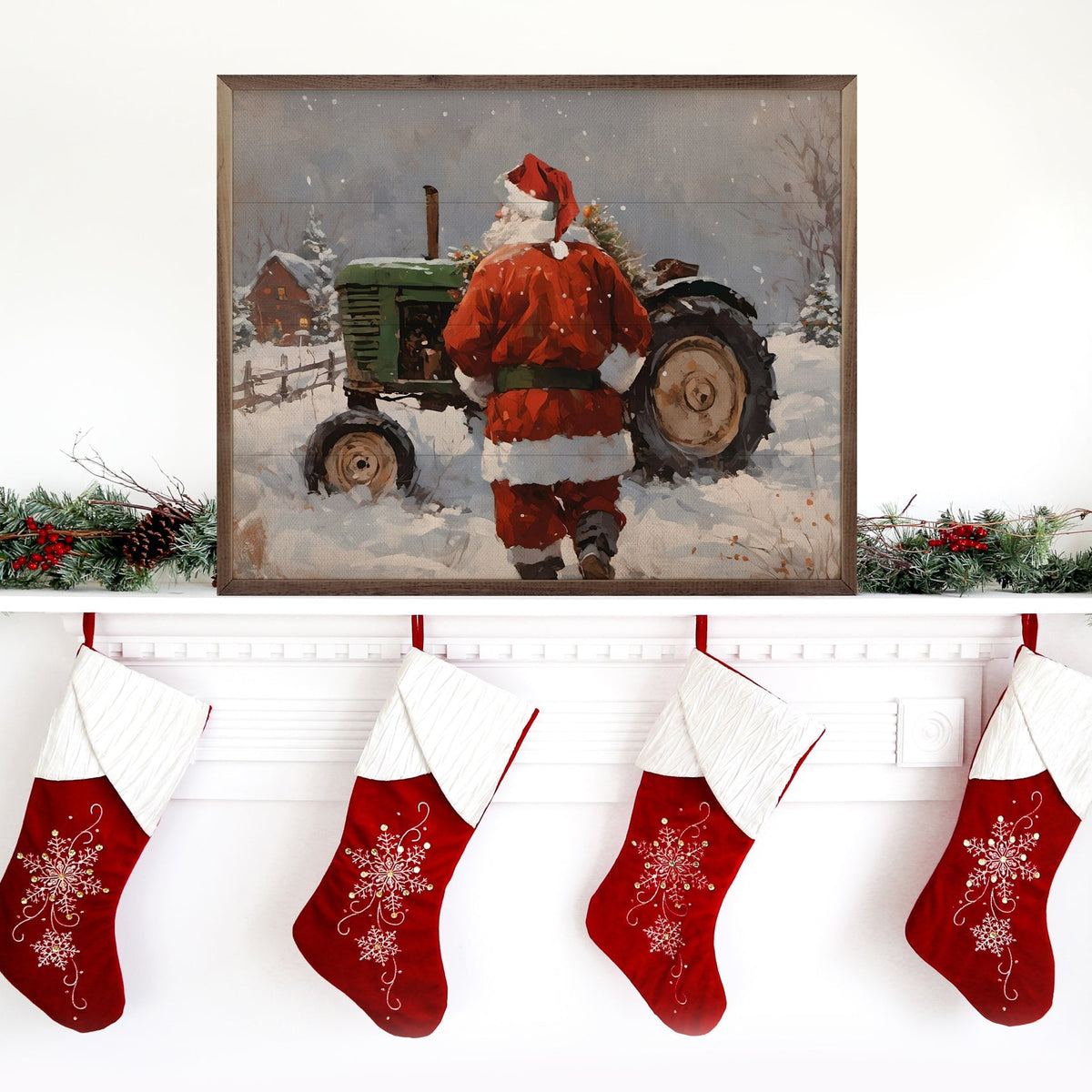 Santa With Green Tractor Wood Framed Print