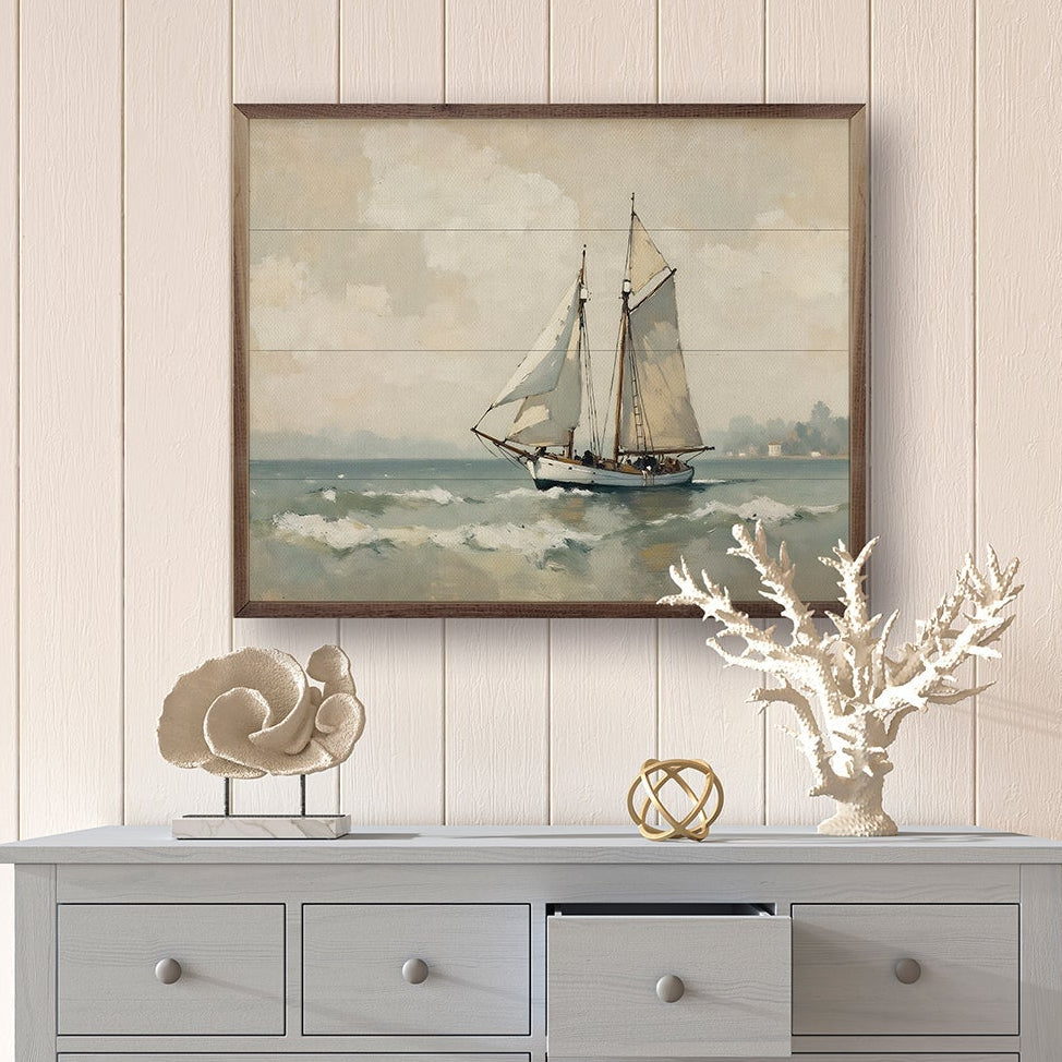 Vintage Sailboat On The Coast Wood Framed Print