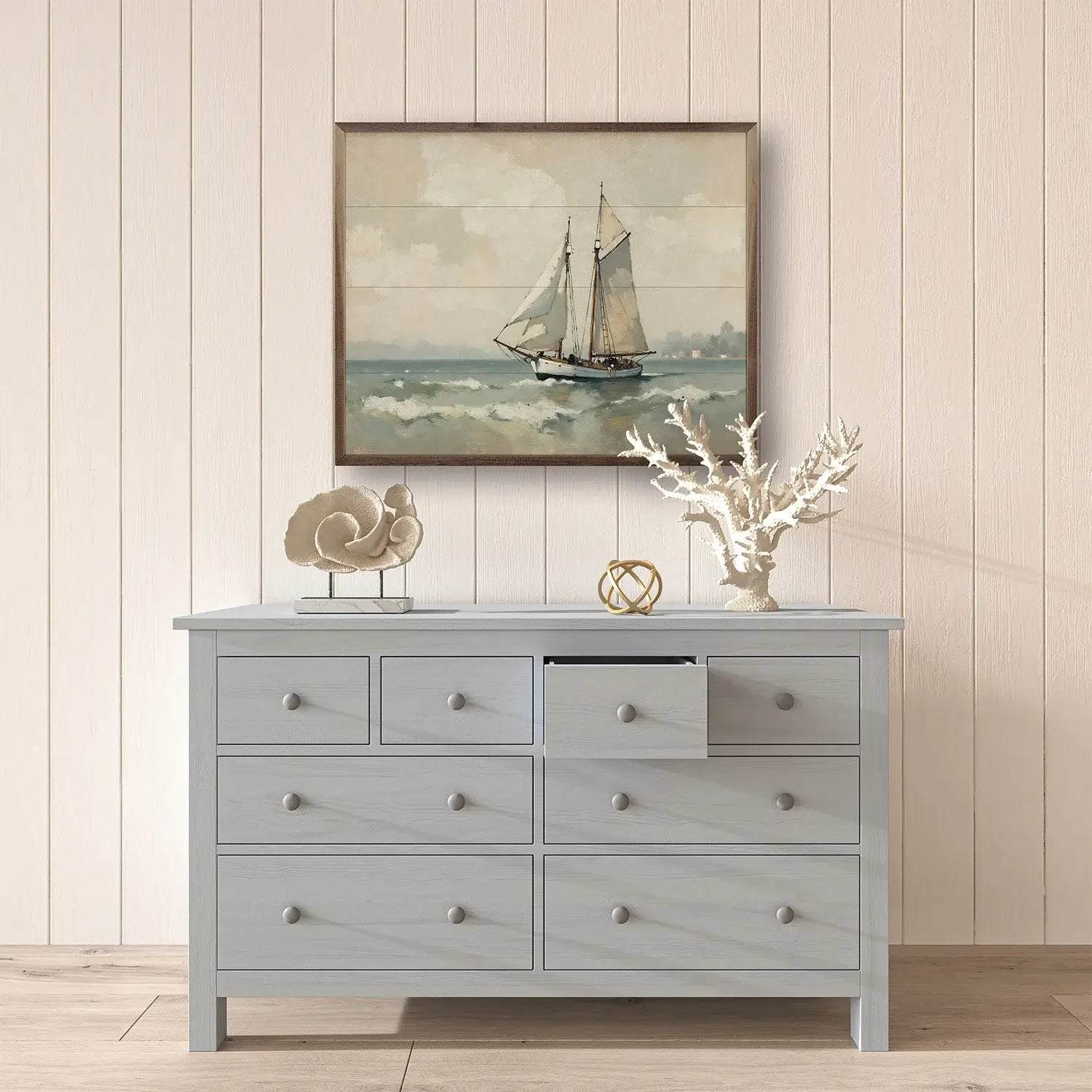 Vintage Sailboat On The Coast Wood Framed Print