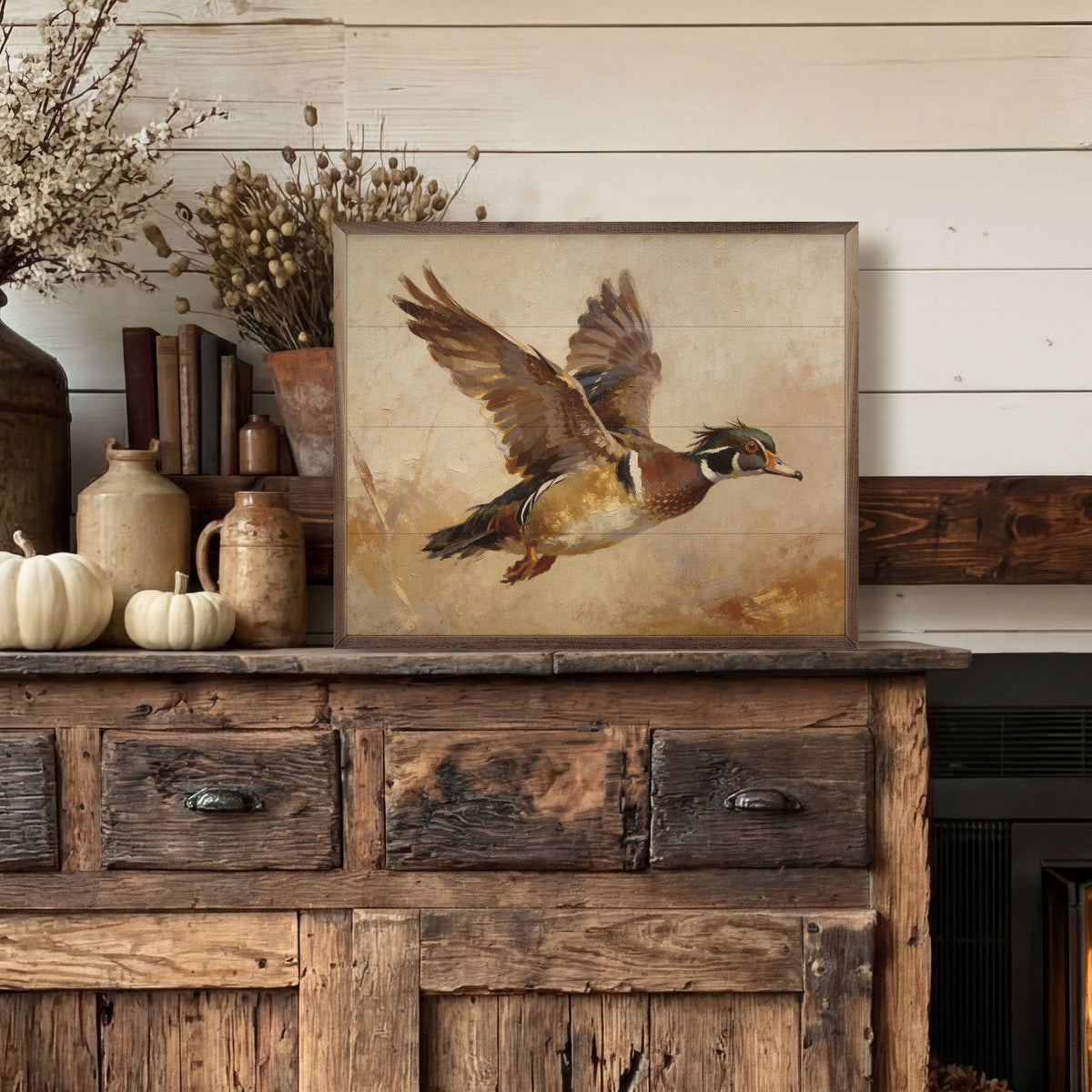 Wood Duck In Flight Autumn Light Wood Framed Print