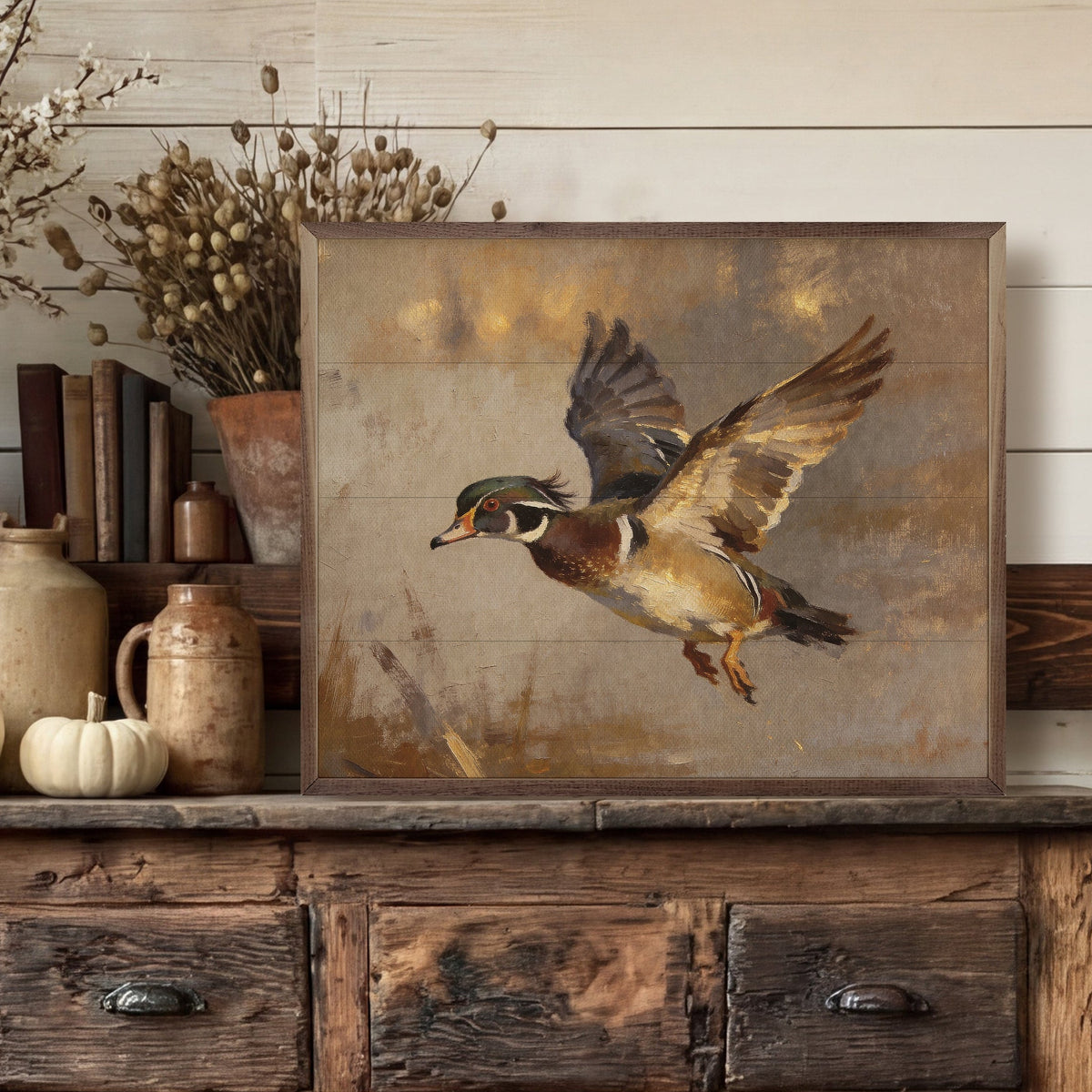 Wood Duck In Flight Over Pond Wood Framed Print