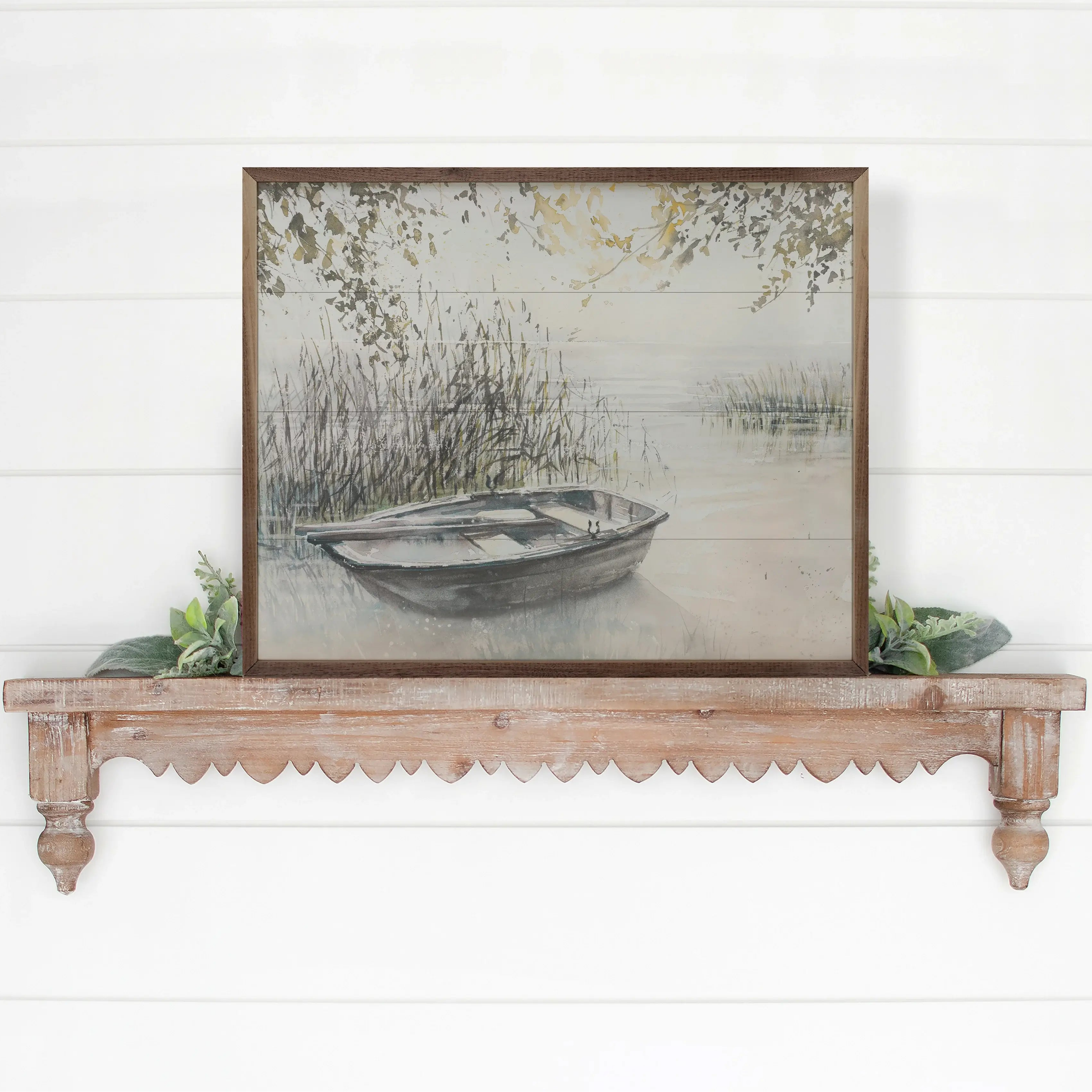Wooden Boat On Lake Wood Framed Print