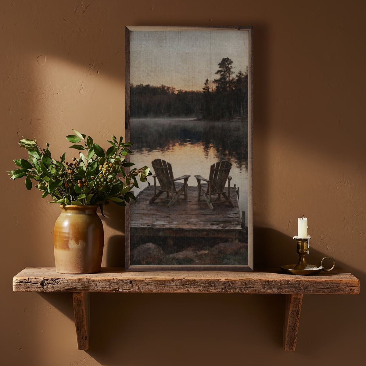 Dawn On The Lake Chairs Wood Framed Print