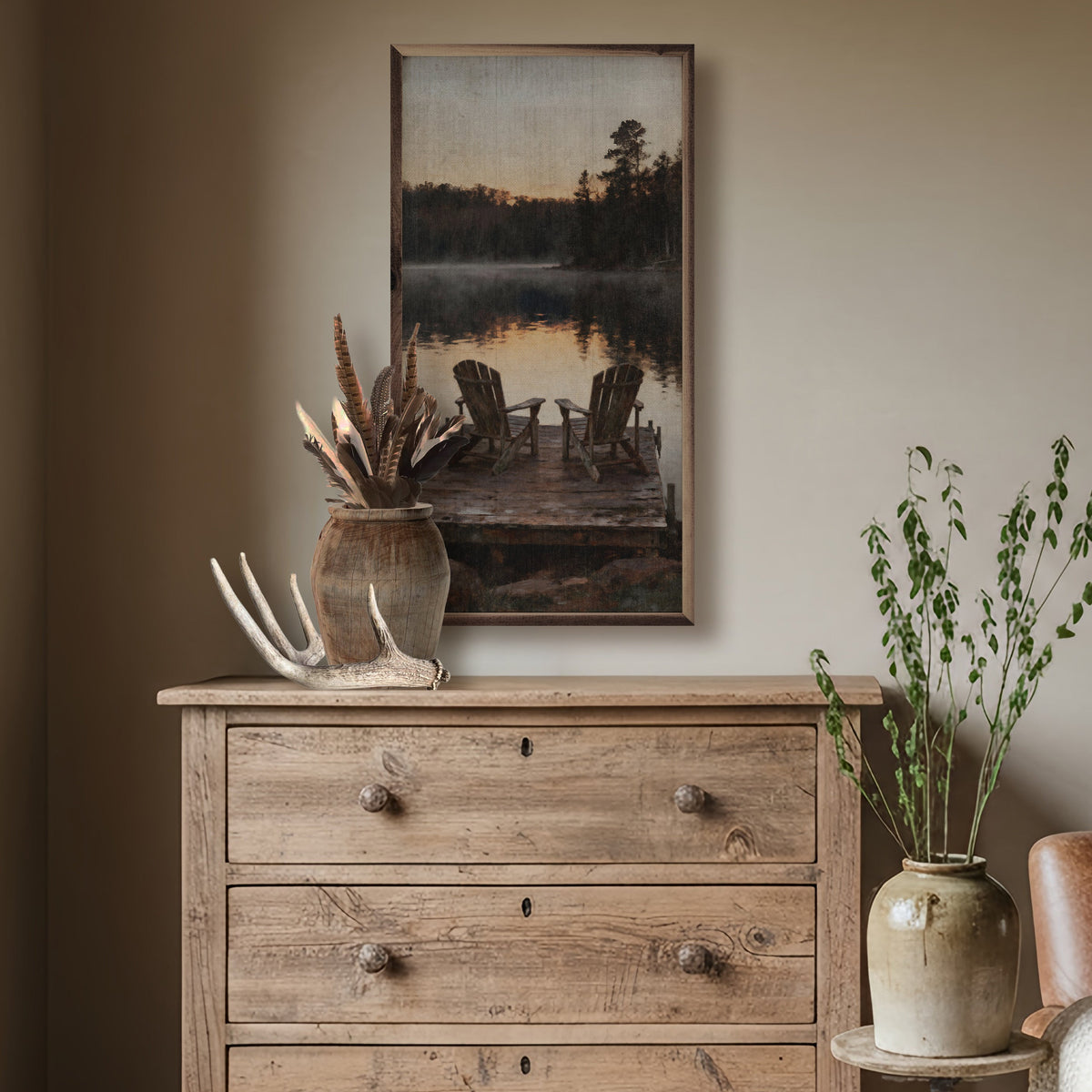 Dawn On The Lake Chairs Wood Framed Print