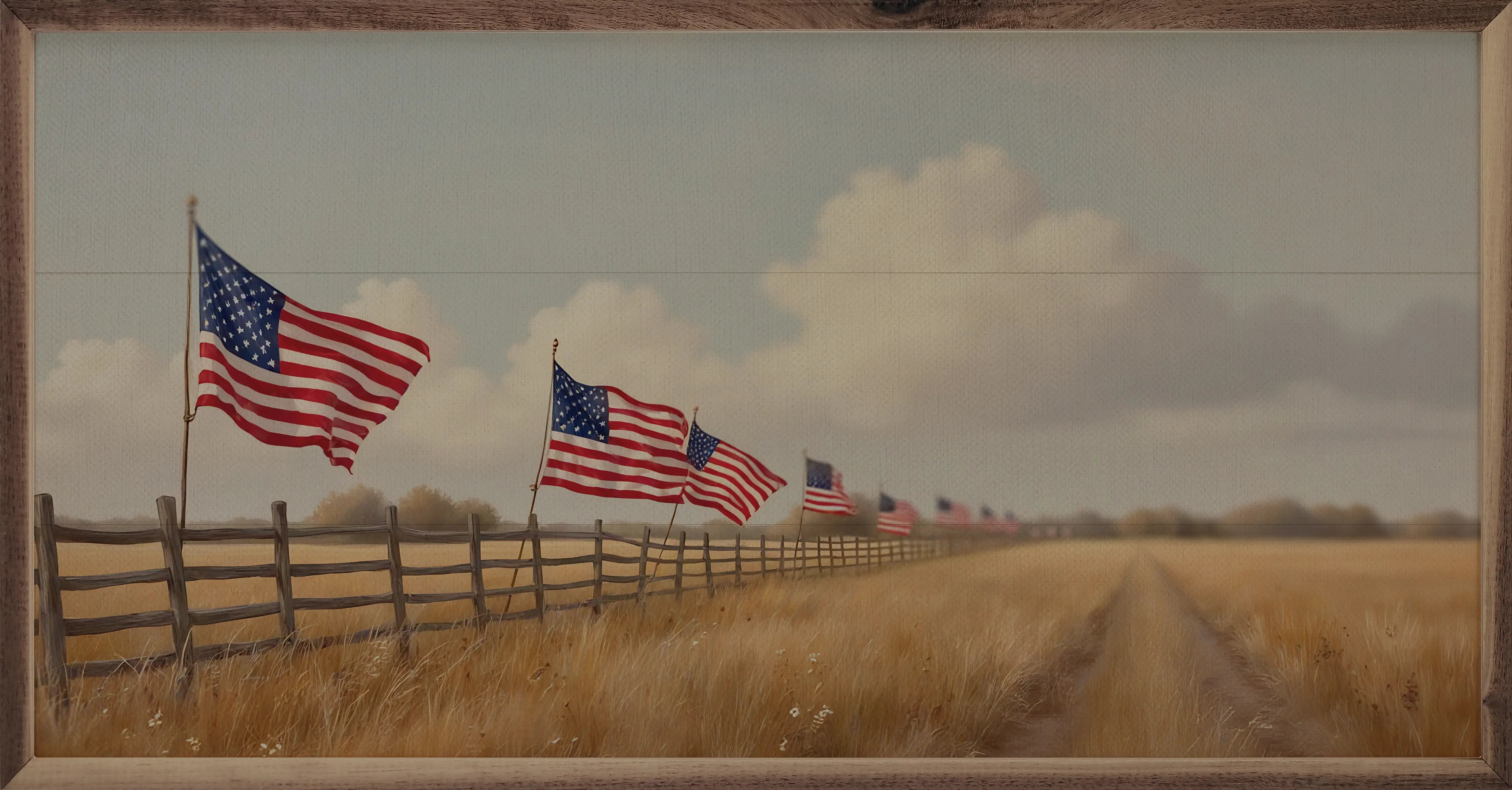 Flags On Fenceline Wood Framed Print