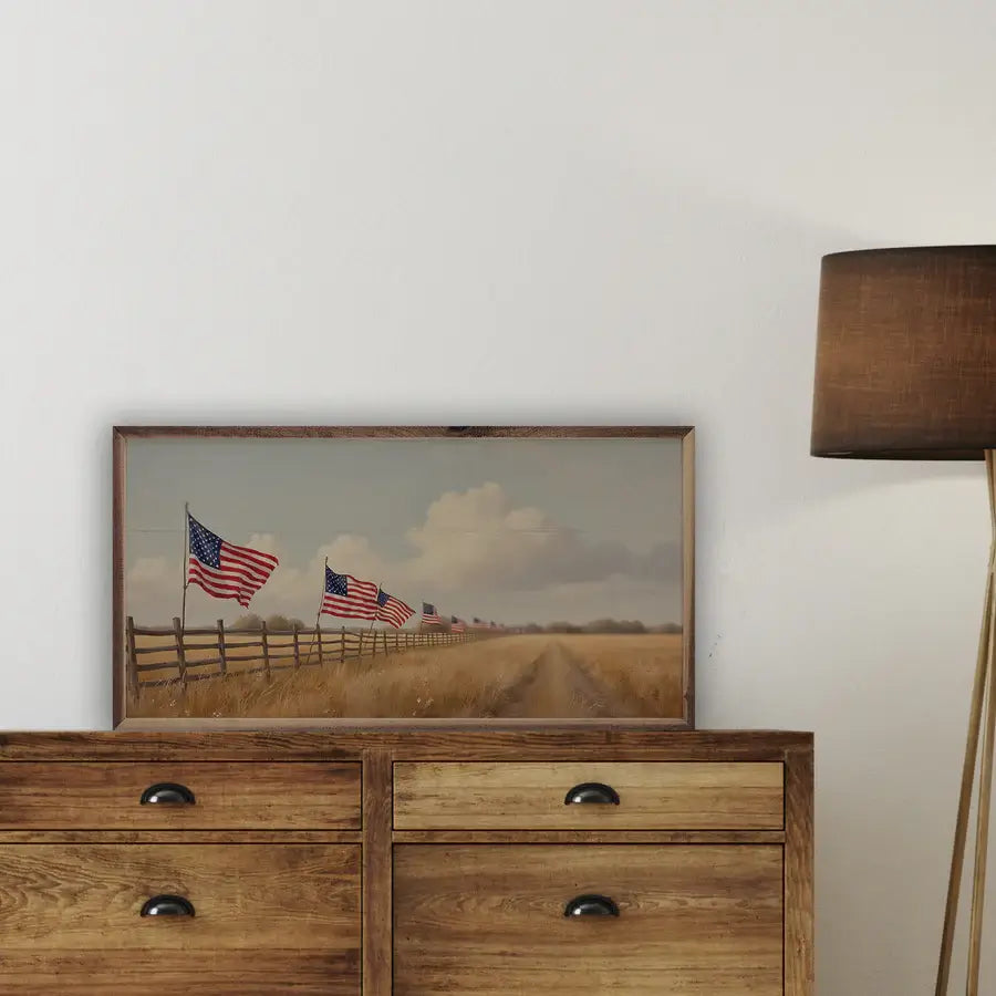 Flags On Fenceline Wood Framed Print