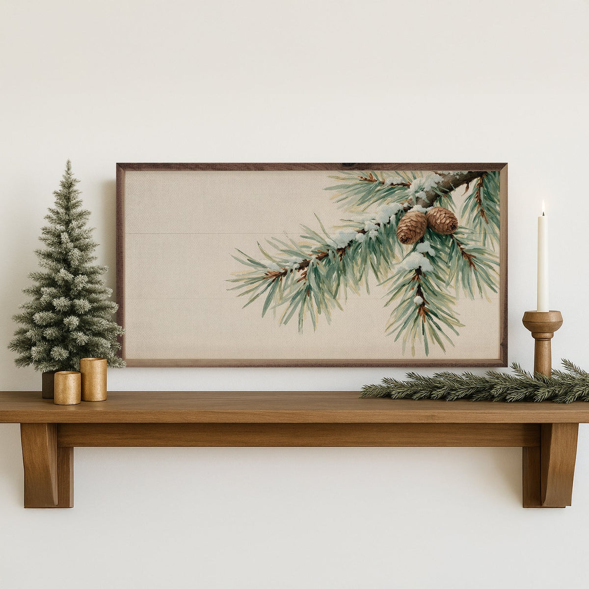 Snowy Pine Branch Horizontal Wood Framed Print
