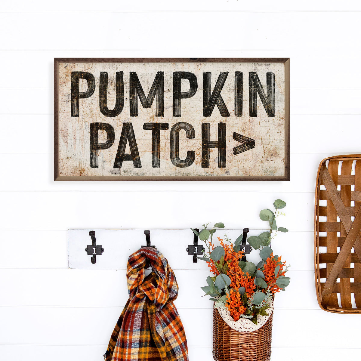 Pumpkin Patch Arrow White Wood Framed Print