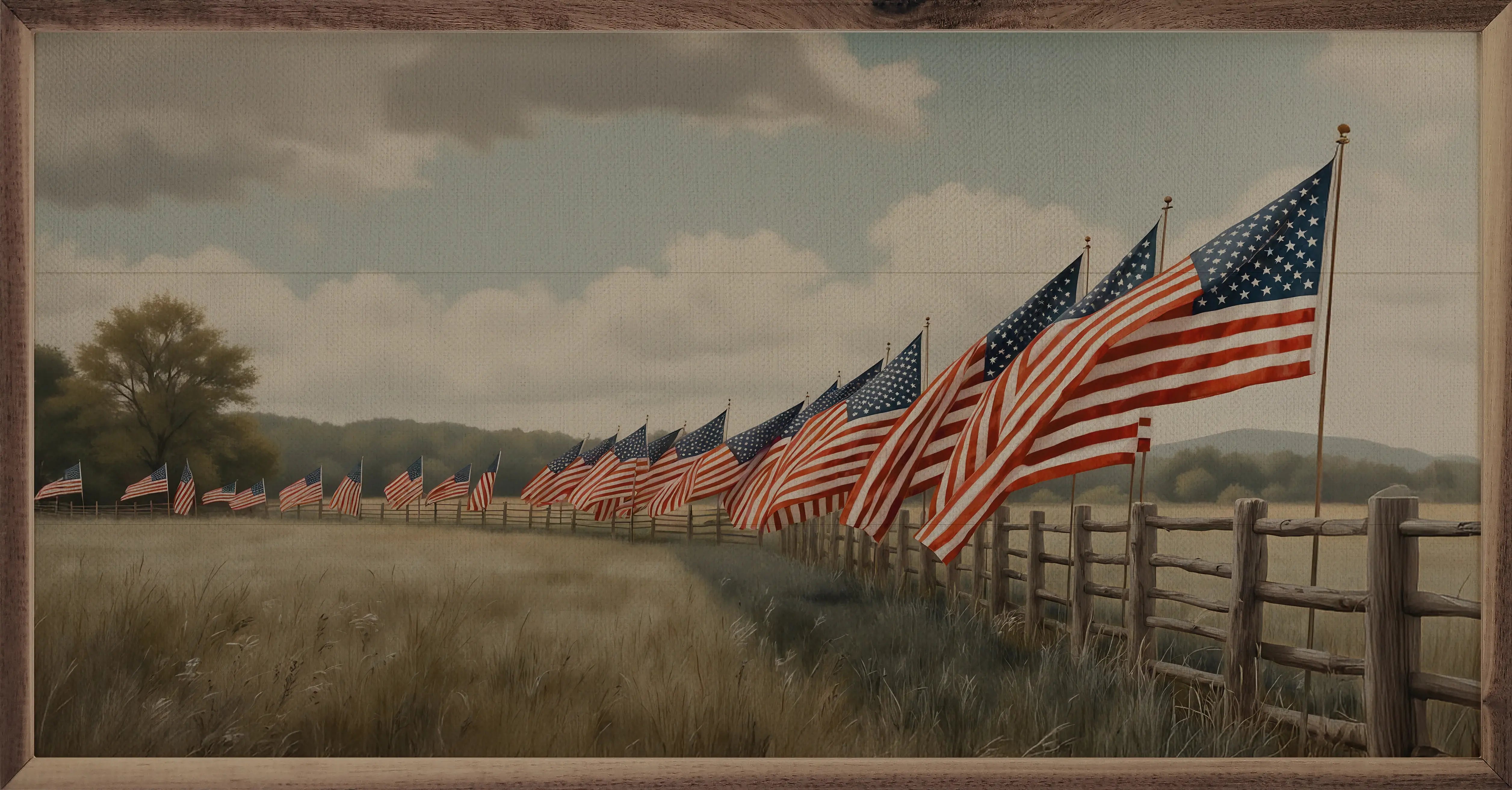 Flags In Field Wood Framed Print