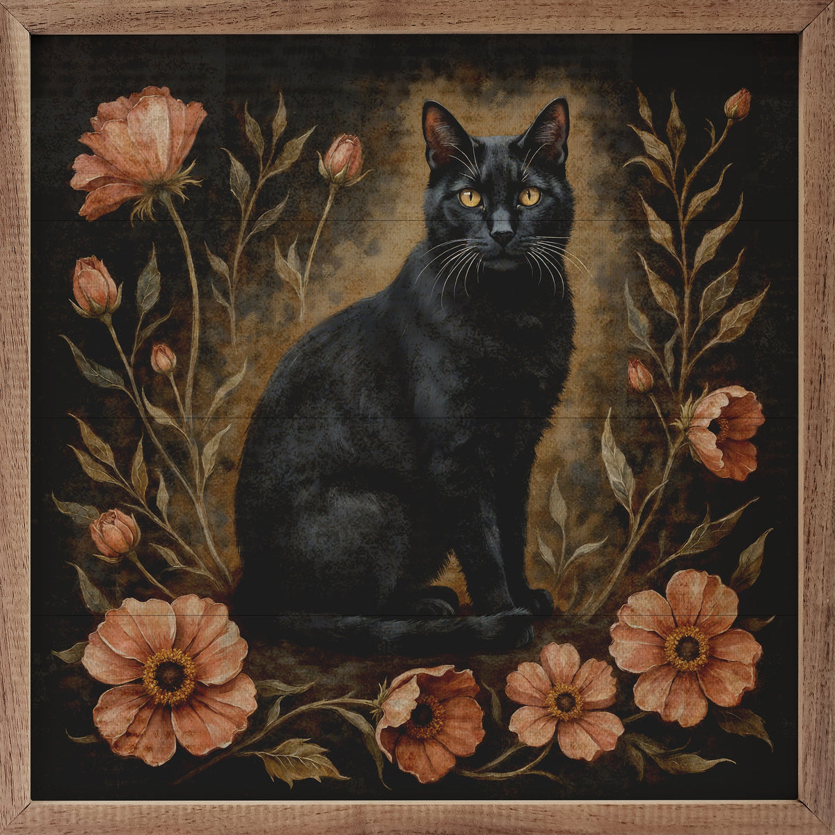 Floral Autumn Cat Wood Framed Print