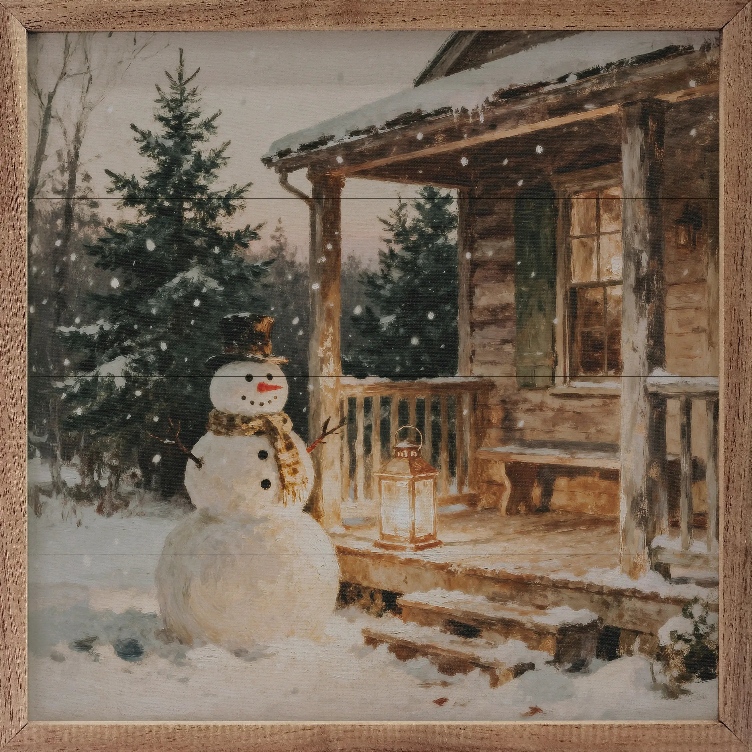 Snowman At The Cabin Wood Framed Print