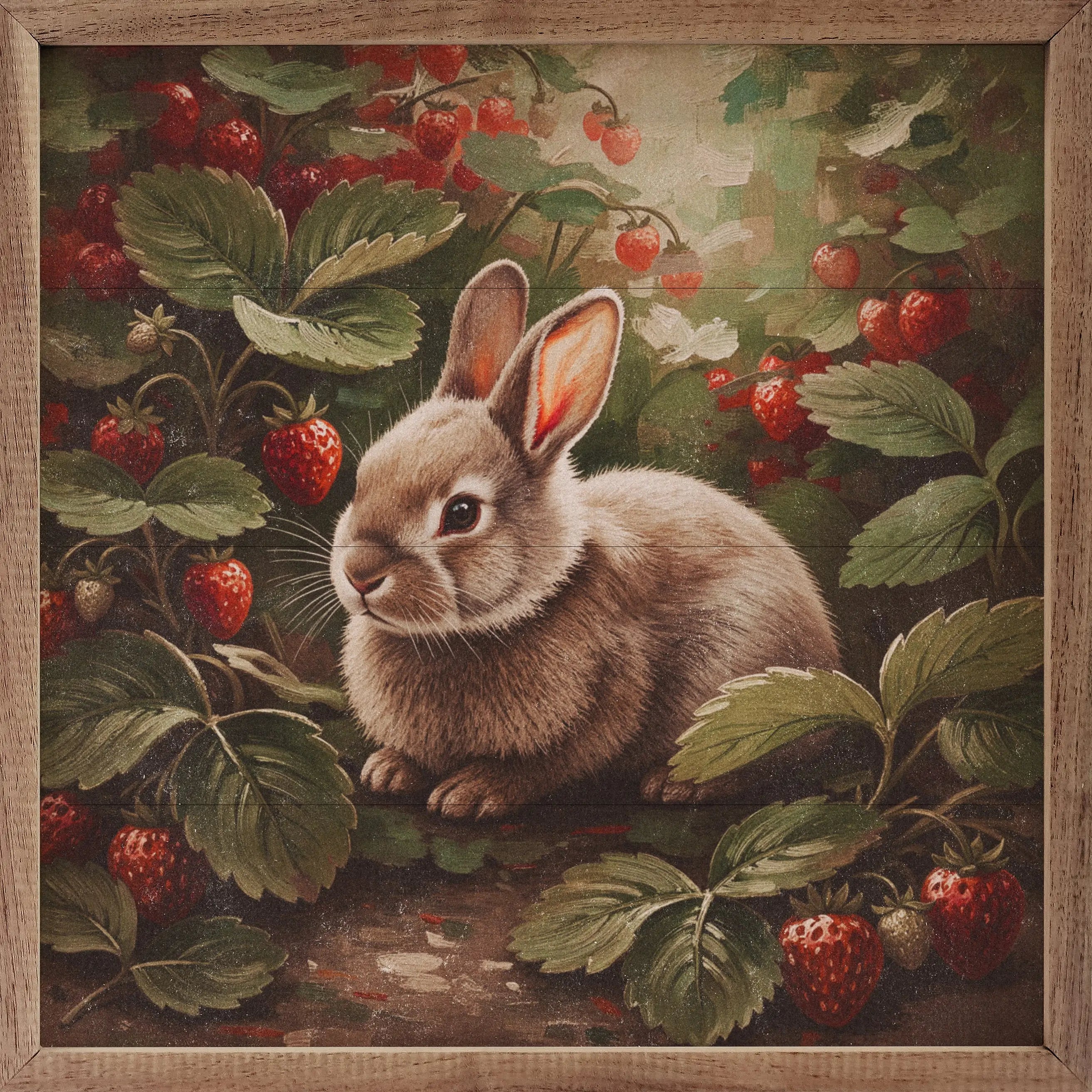 Rabbit In The Strawberry Patch Wood Framed Print