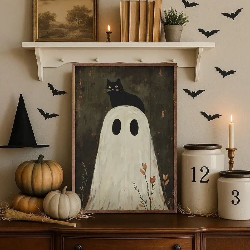 Ghost With Cat On Head Wood Framed Print