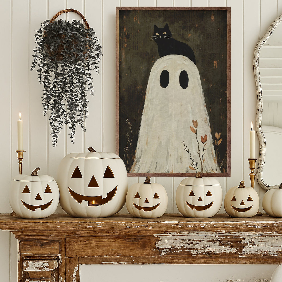 Ghost With Cat On Head Wood Framed Print