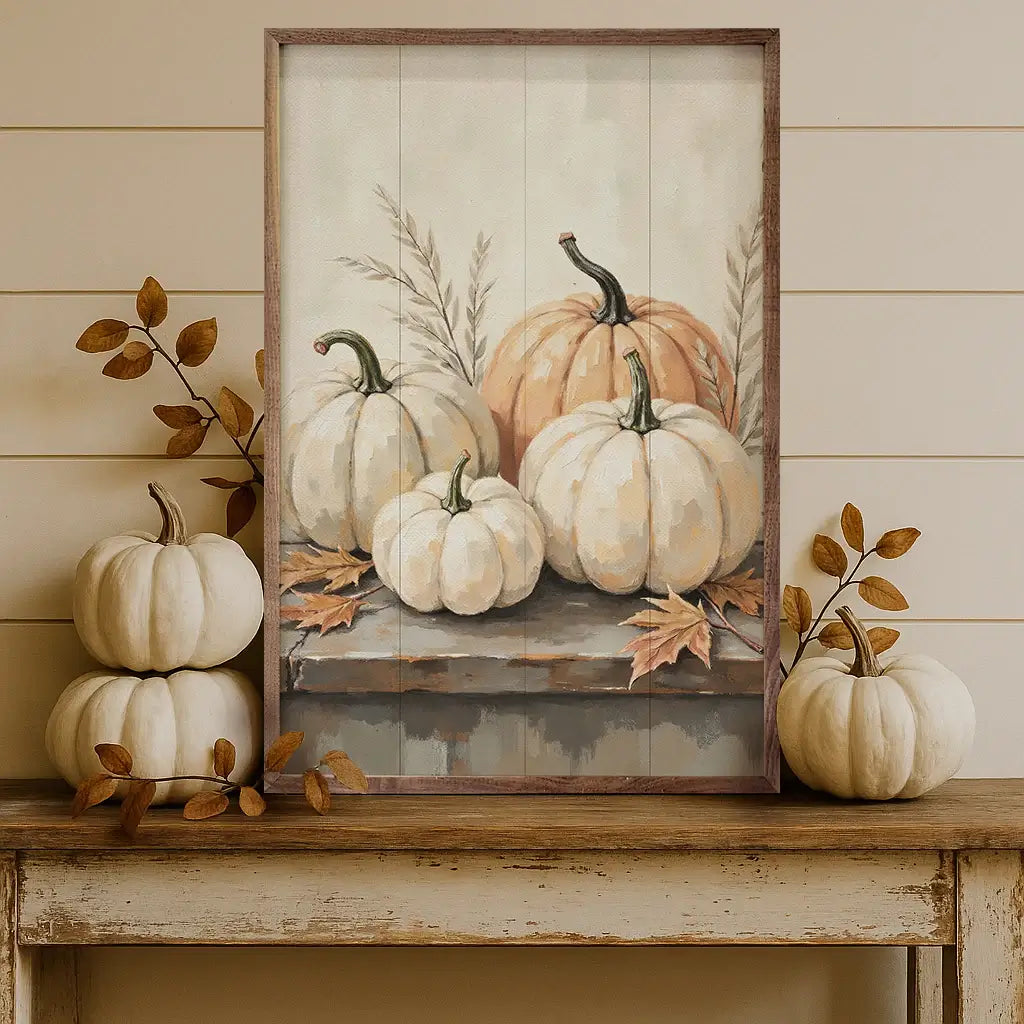 Pumpkins On Weathered Table Wood Framed Print