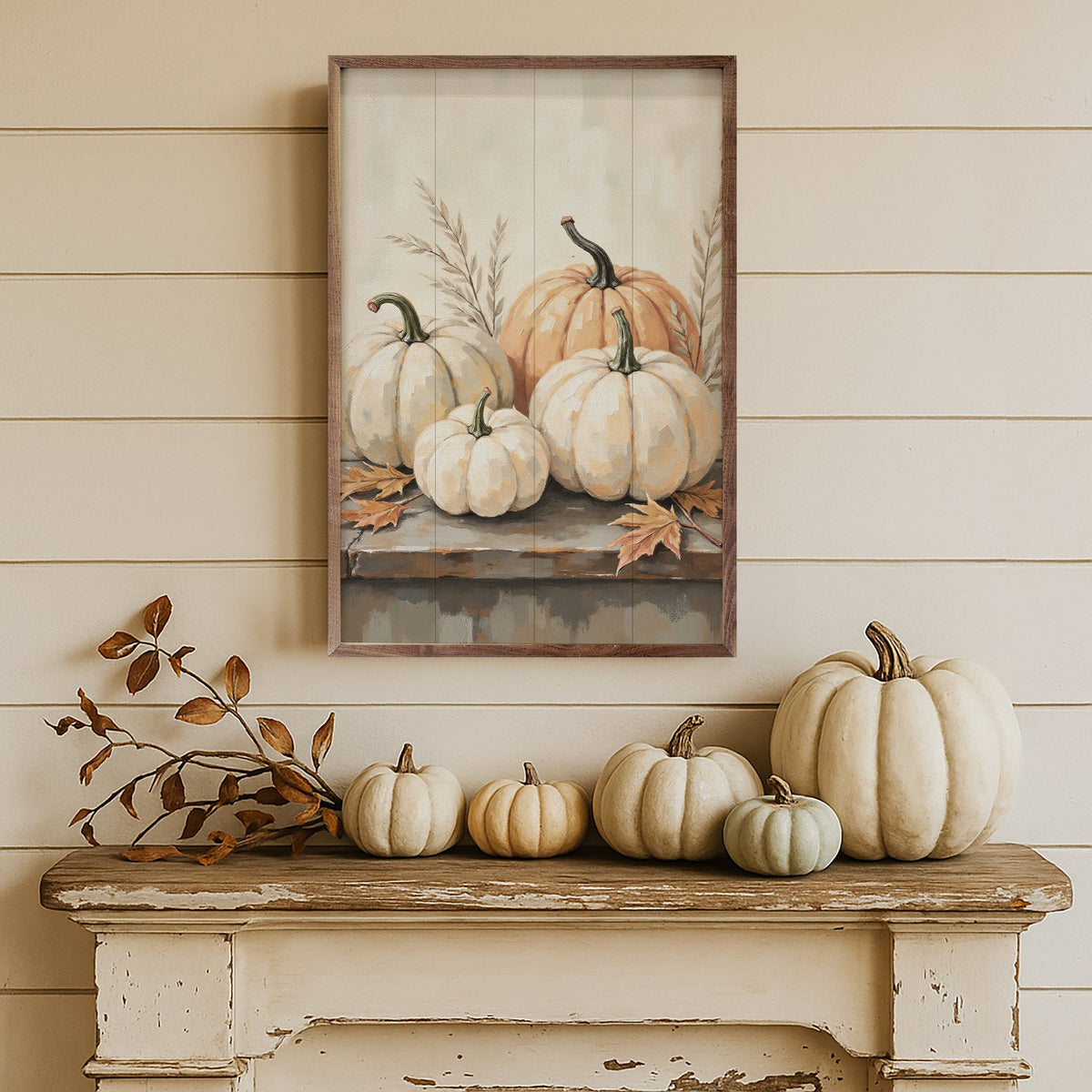 Pumpkins On Weathered Table Wood Framed Print