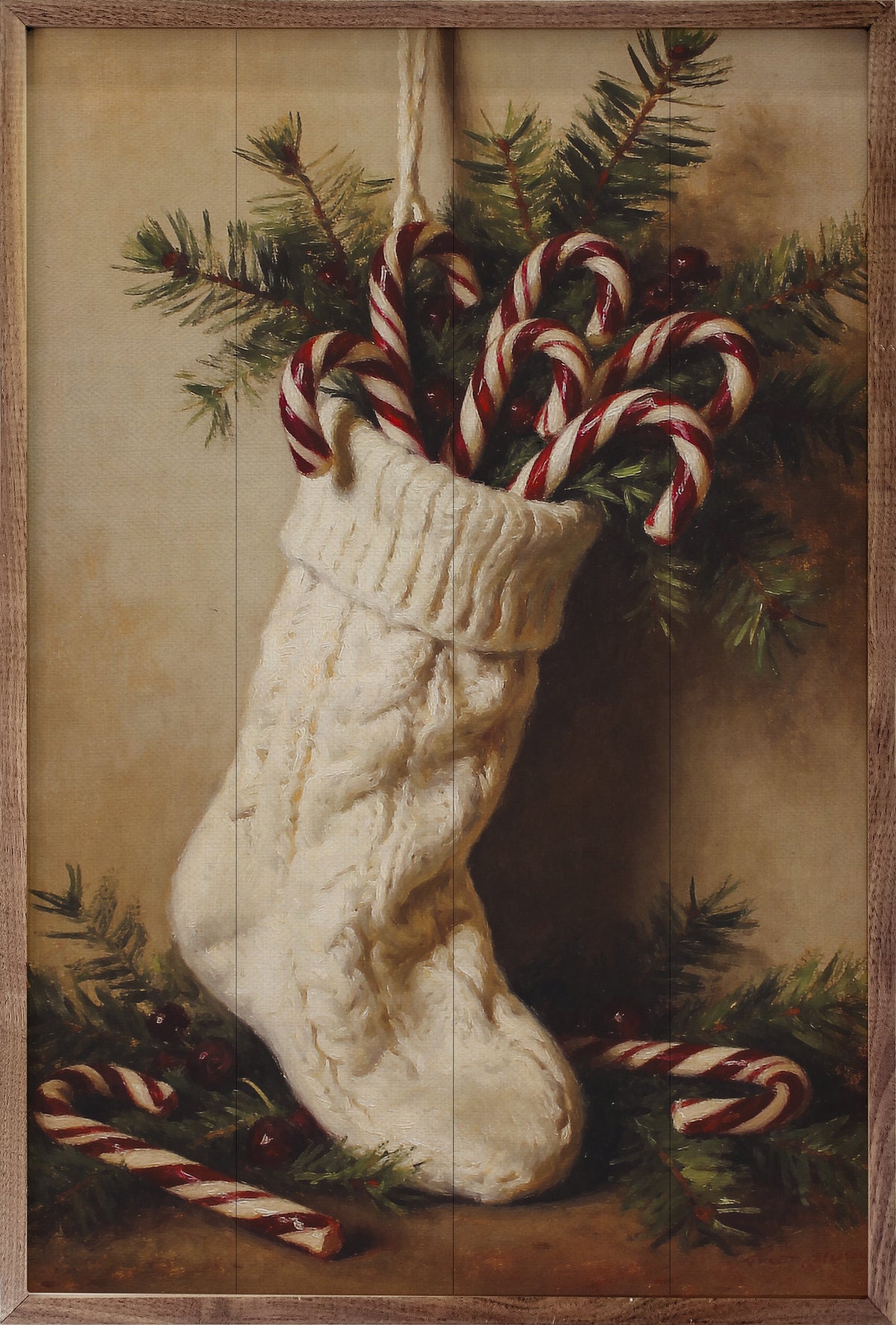 Stocking Candy Canes Wood Framed Print