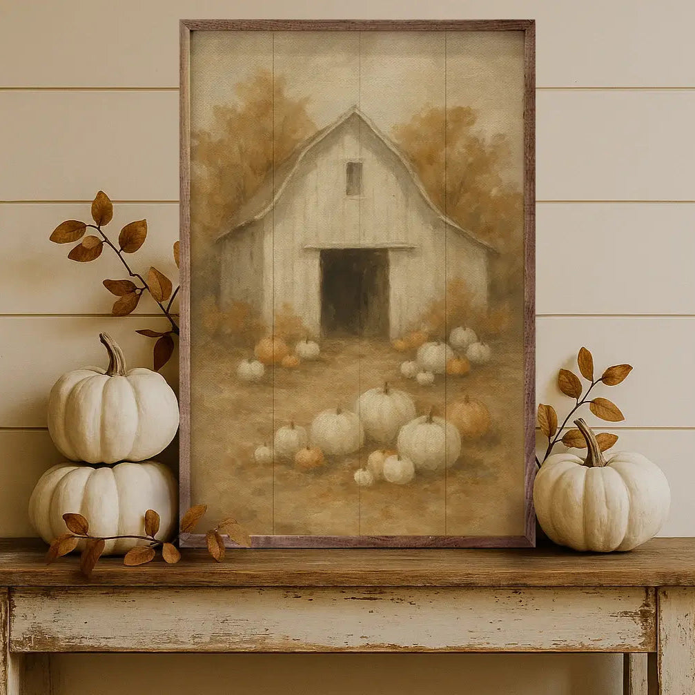 Vintage White Barn Pumpkin Patch Wood Framed Print